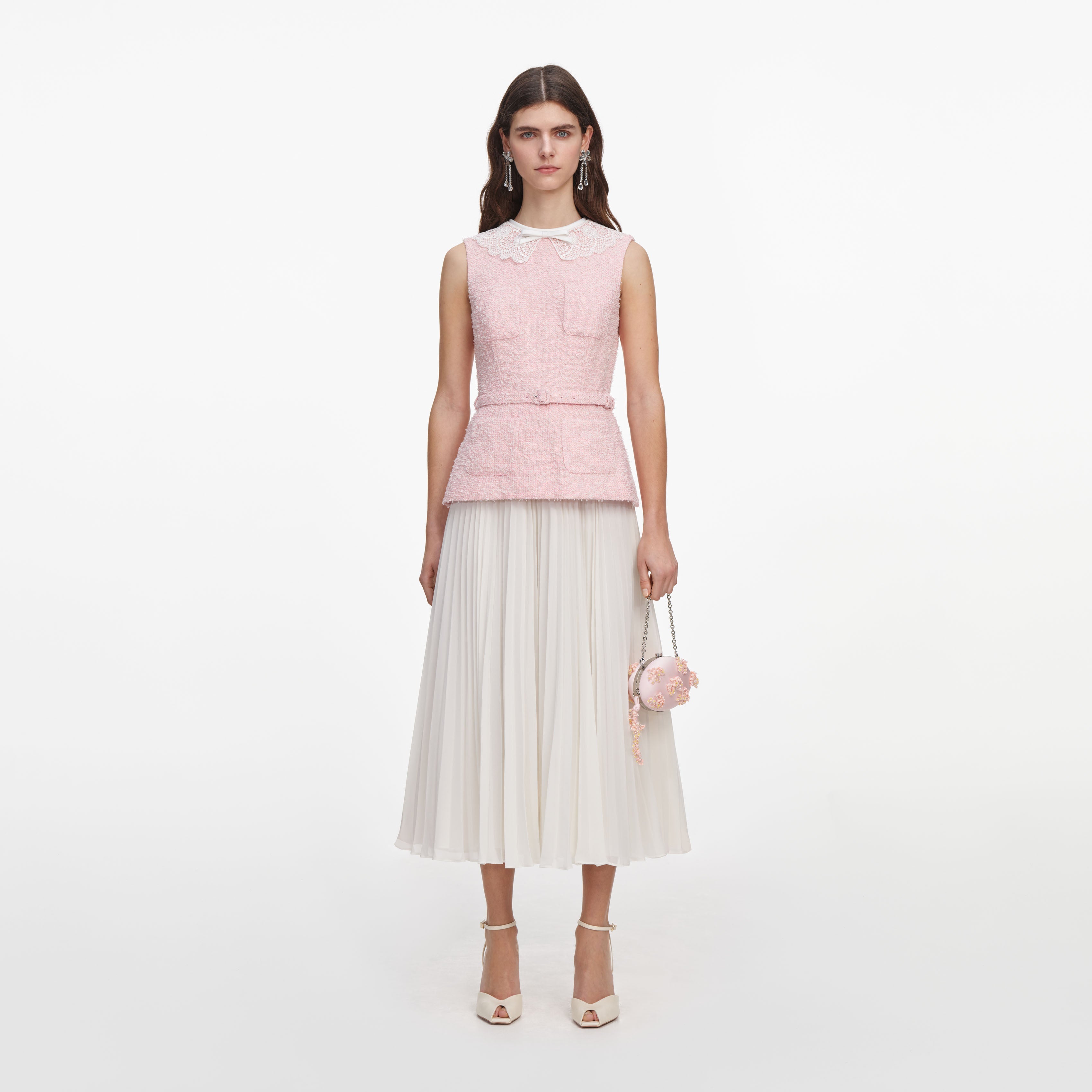 Pink Boucle Lace Collar Midi Dress