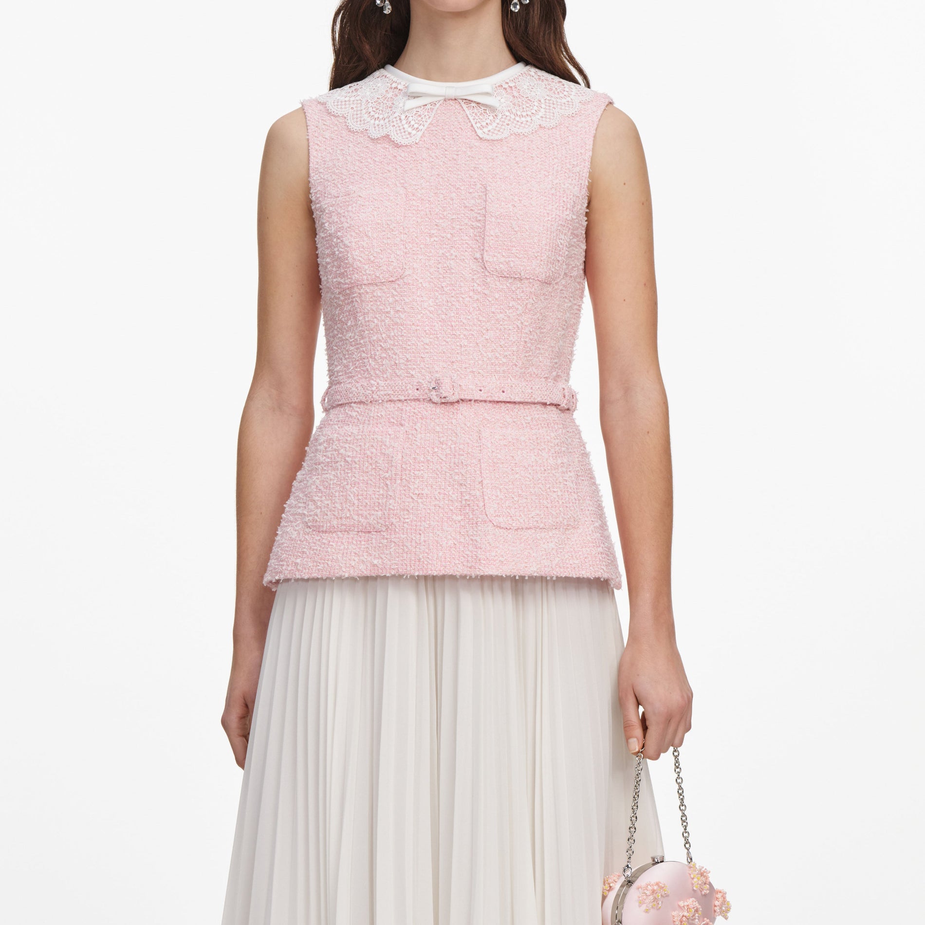 A close up of a woman wearing the Pink Boucle Lace Collar Midi Dress