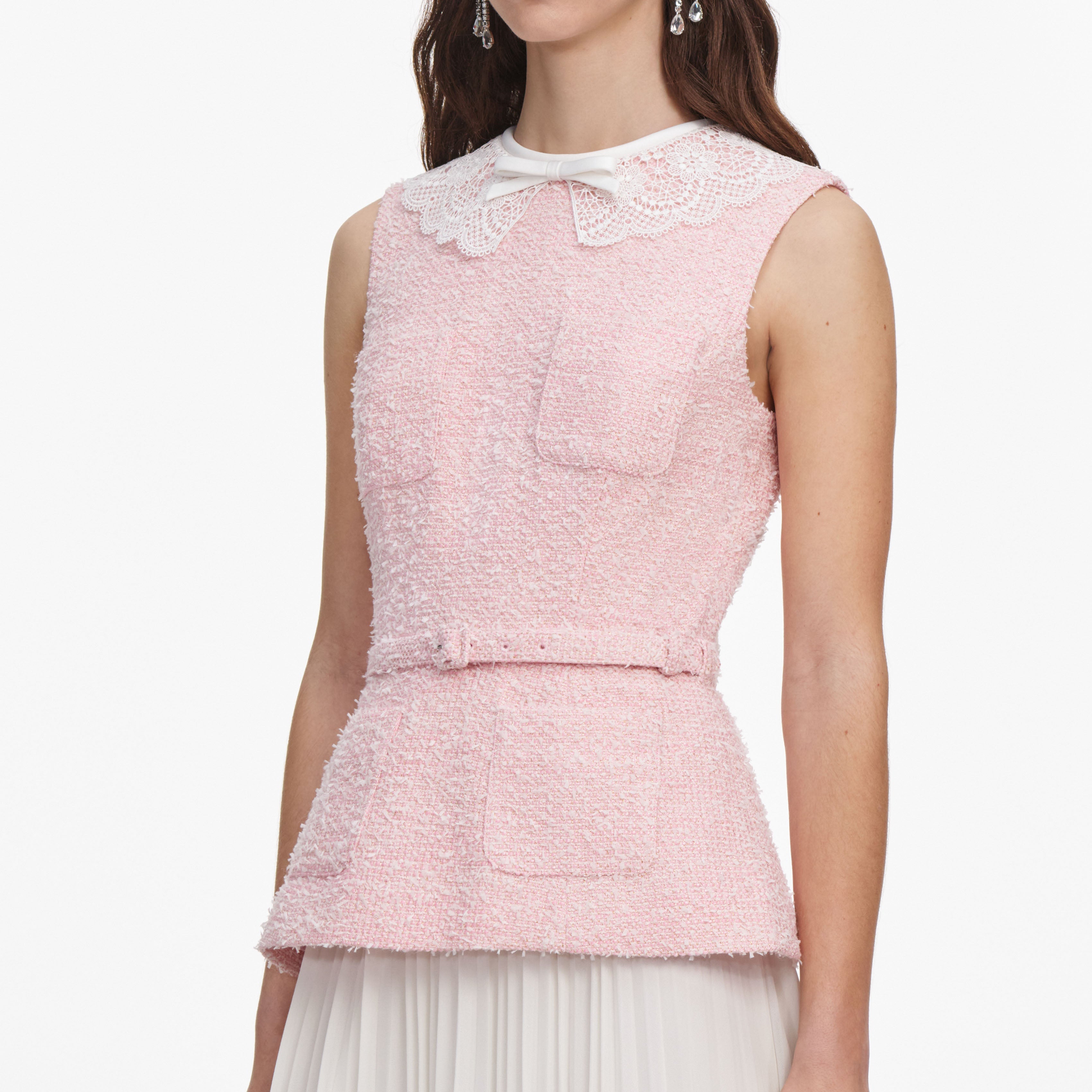 Pink Boucle Lace Collar Midi Dress