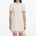 Cream Boucle Lace Trim Mini Dress