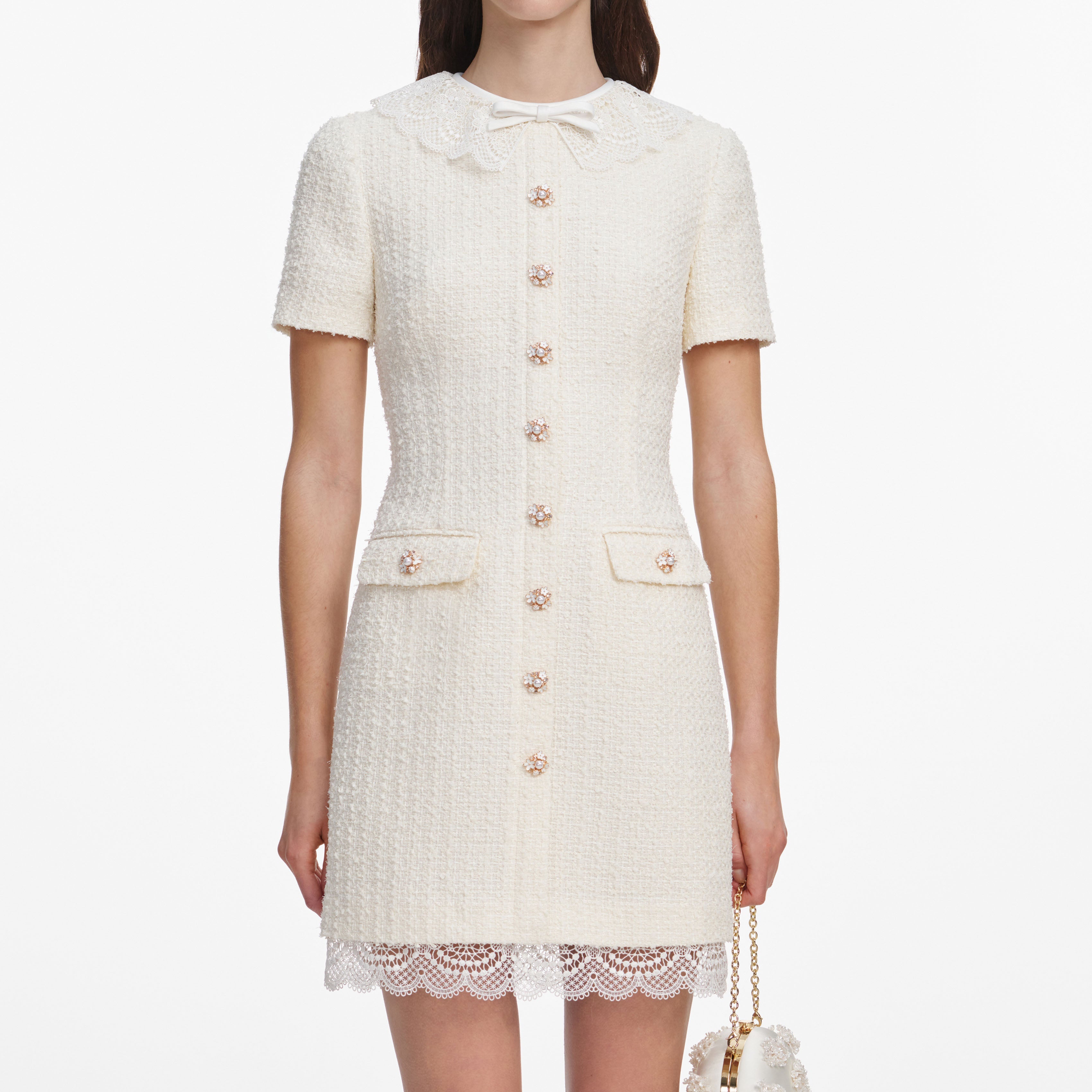 Cream Boucle Lace Trim Mini Dress
