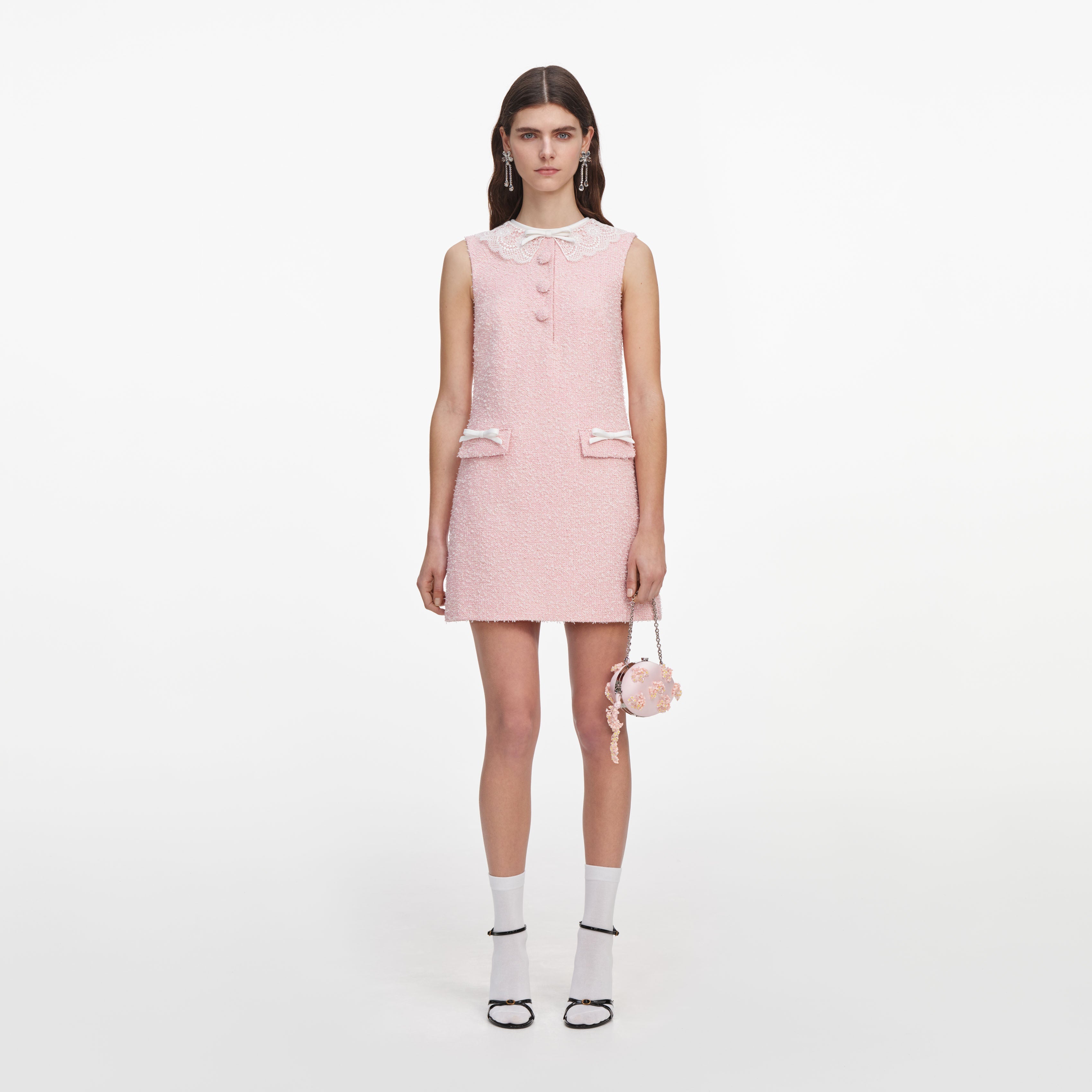 Pink Boucle Lace Collar Mini Dress