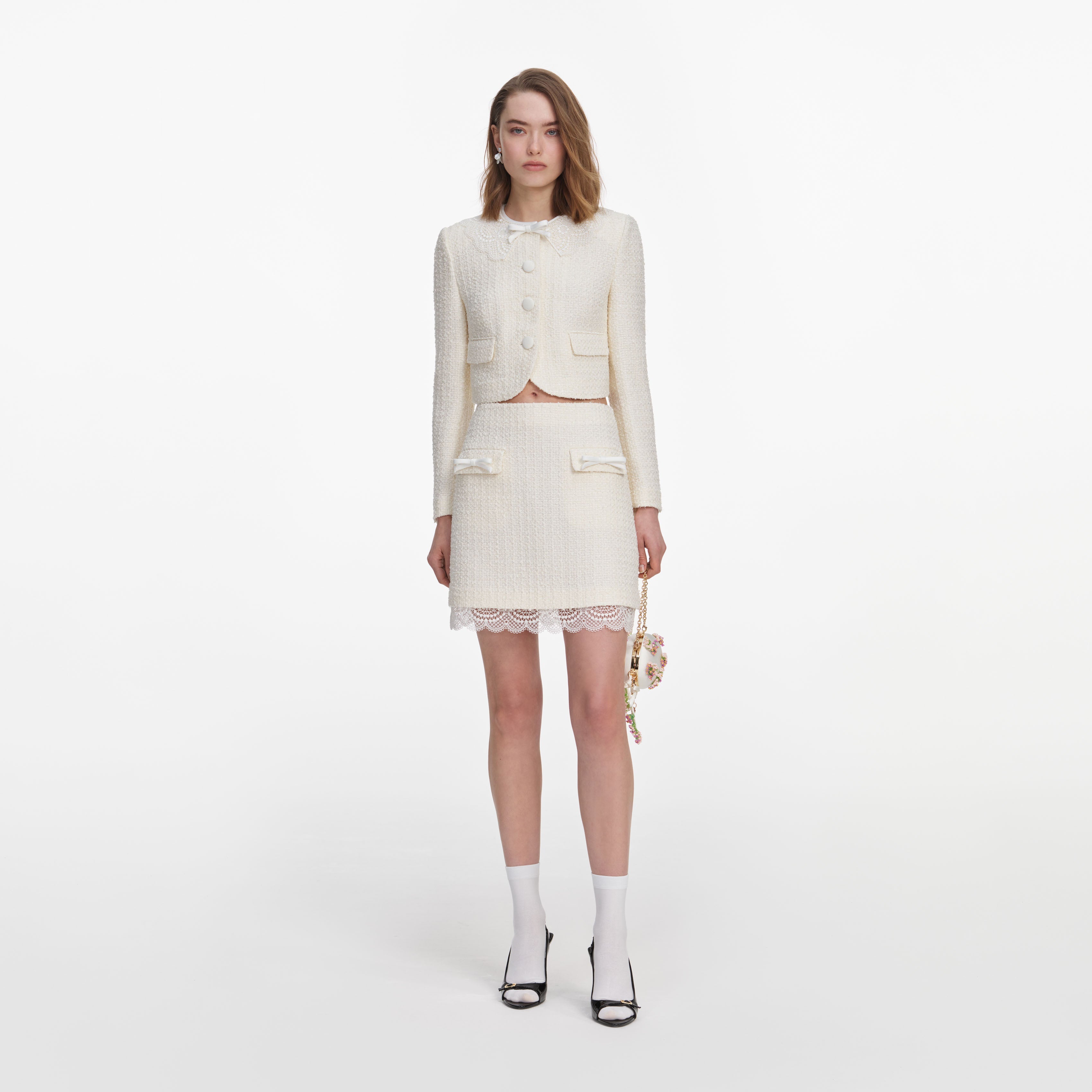 Cream Boucle Lace Mini Skirt