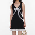 Black Crepe Bow Lace Mini Dress
