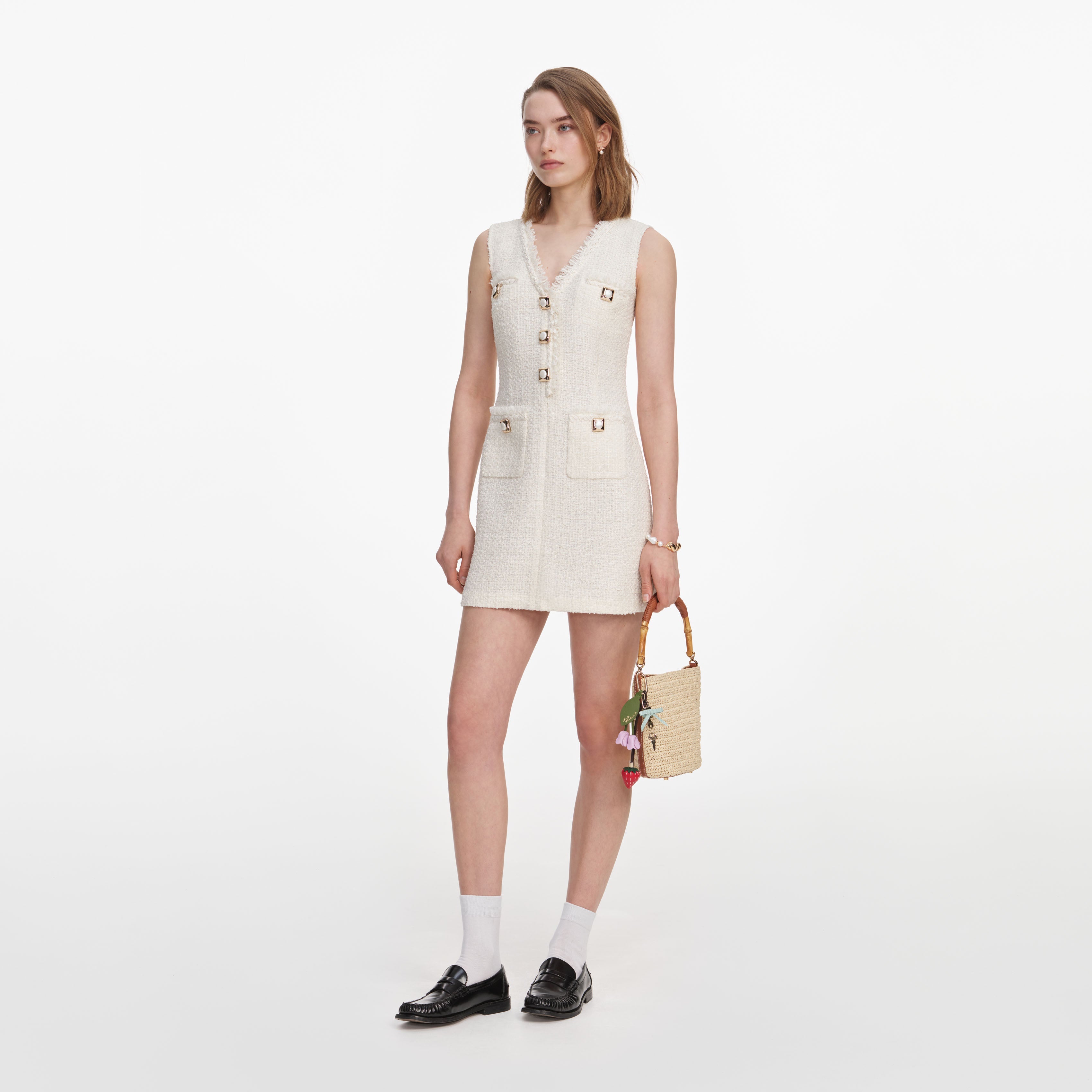 Cream Sleeveless Boucle Mini Dress