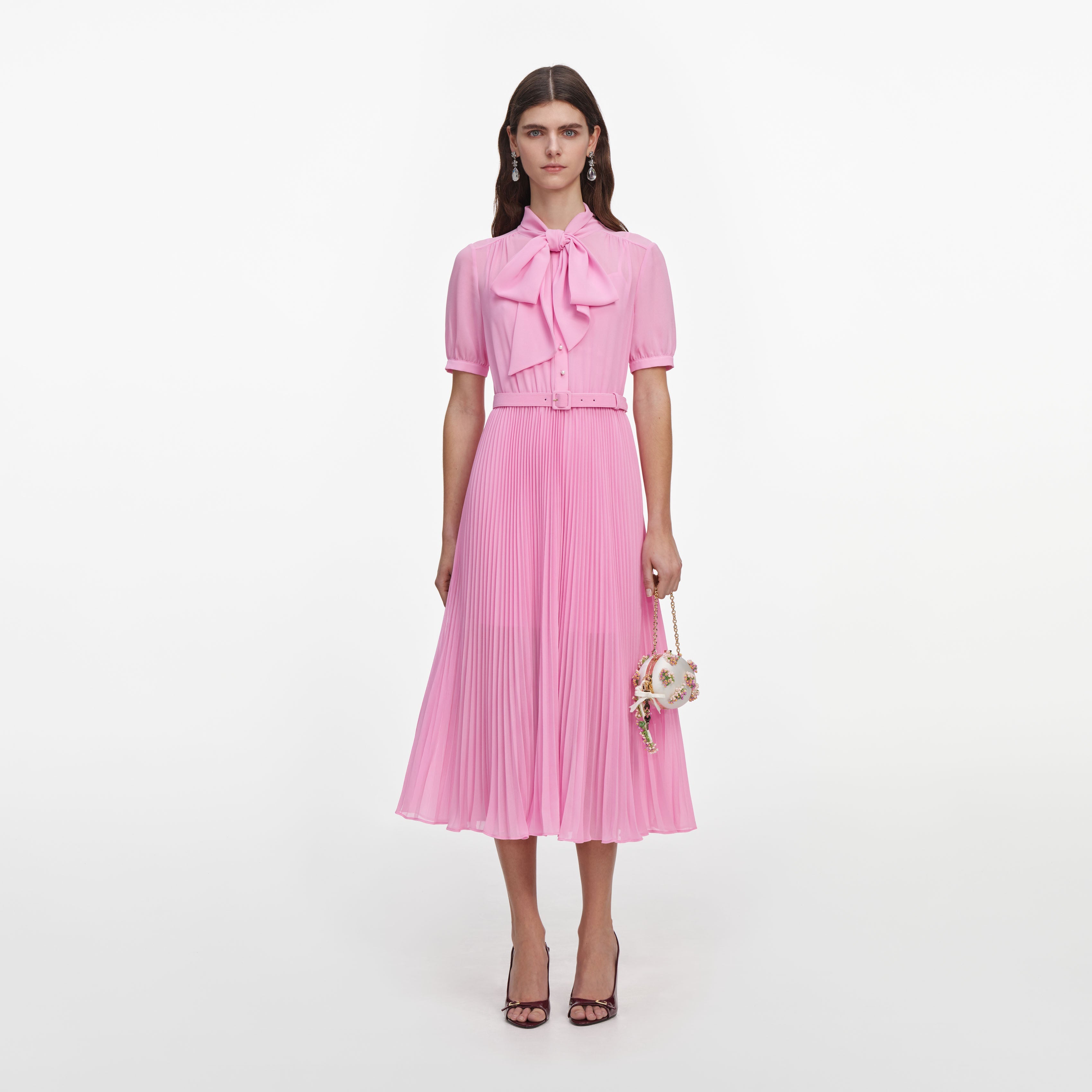 Pink Georgette Tie Neck Midi Dress