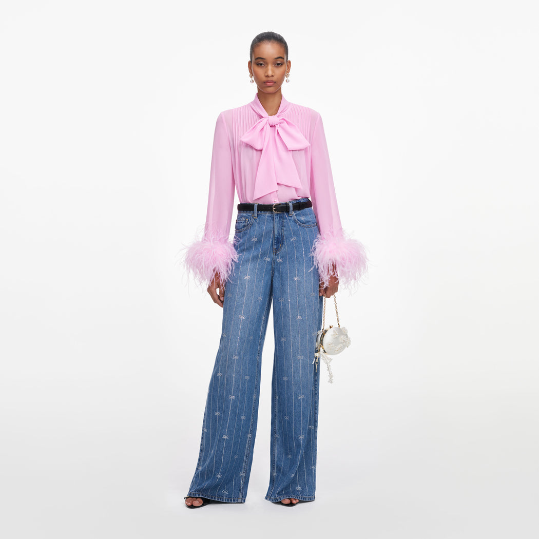 Pink Georgette Feather Cuff Blouse