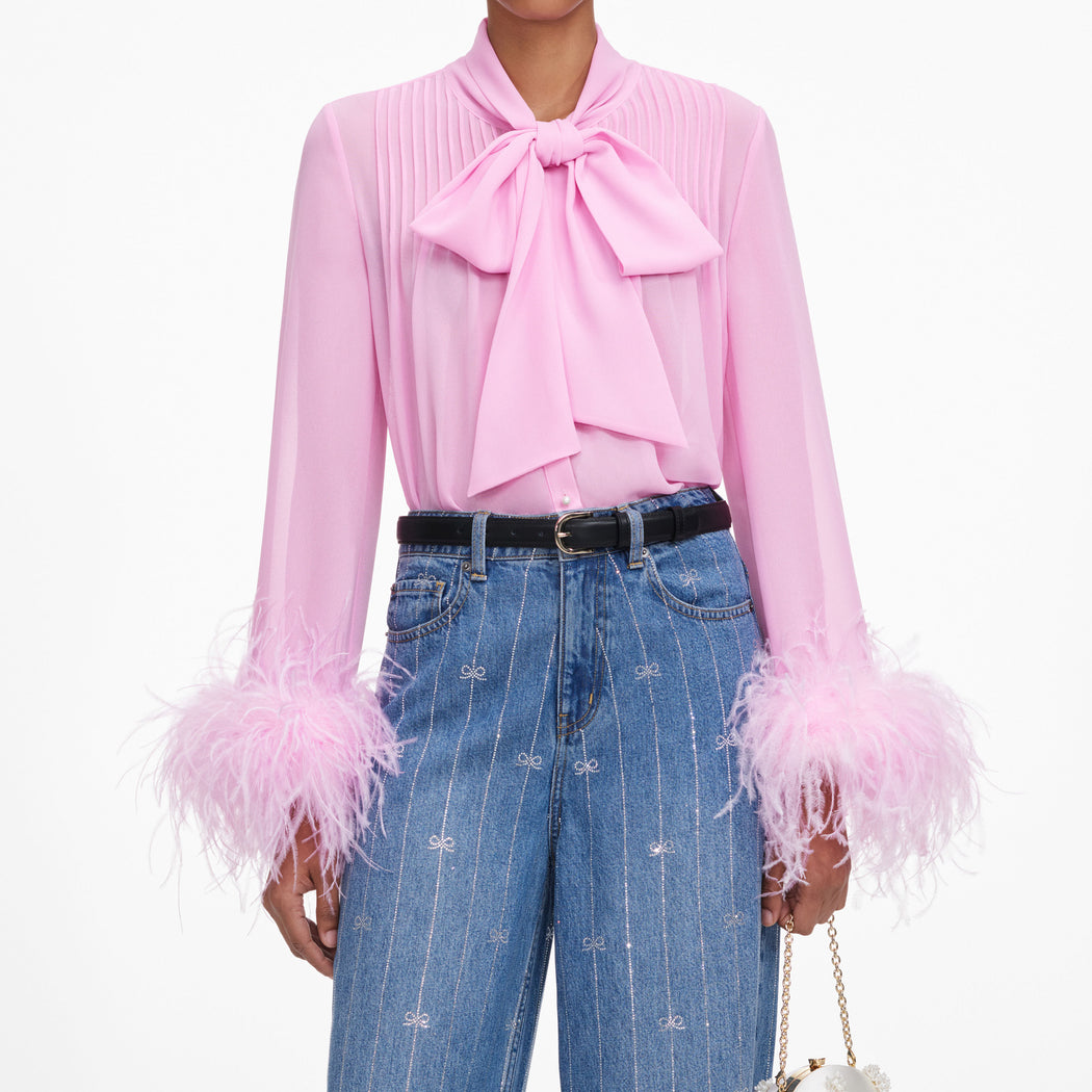 Pink Georgette Feather Cuff Blouse