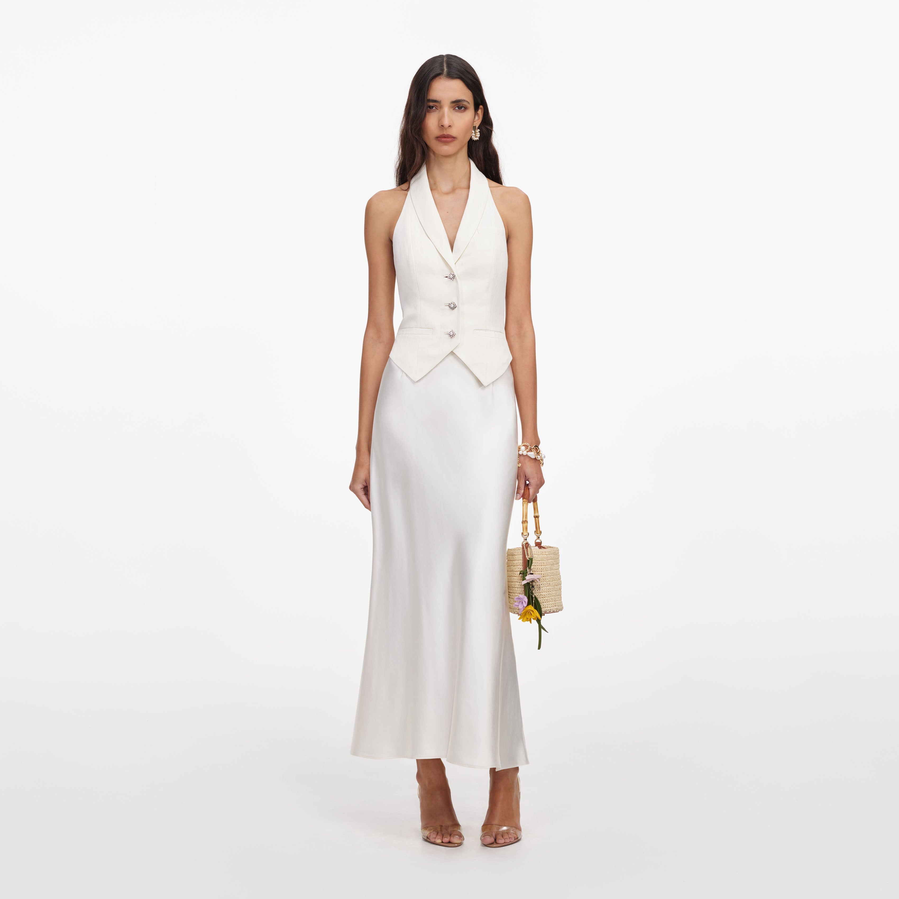 Cream Linen Blend Satin Midi Dress