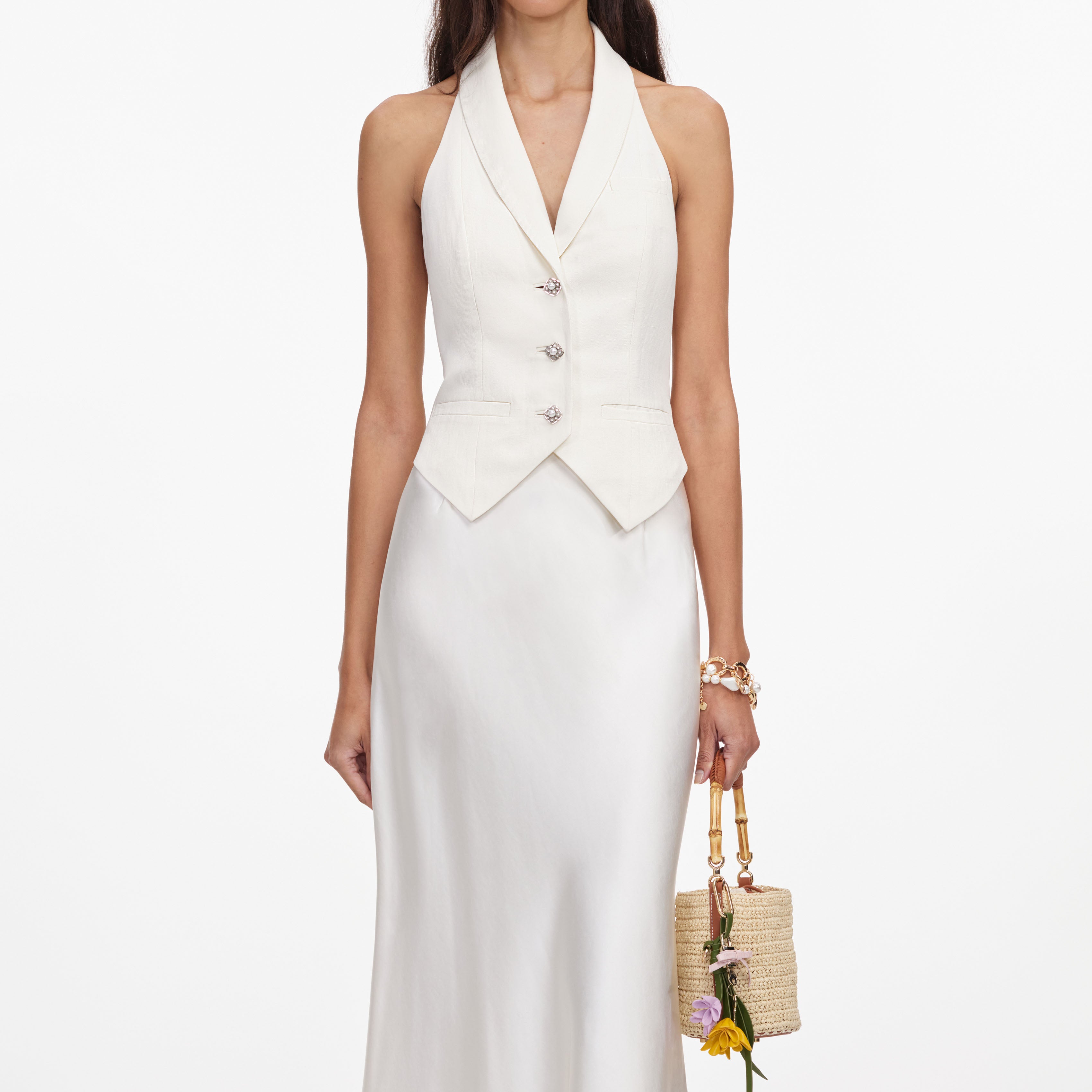 Cream Linen Blend Satin Midi Dress