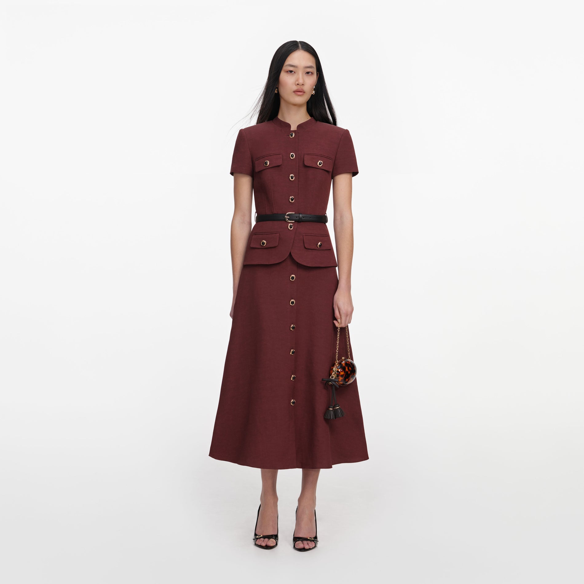 Brown Peplum Linen Blend Midi Dress