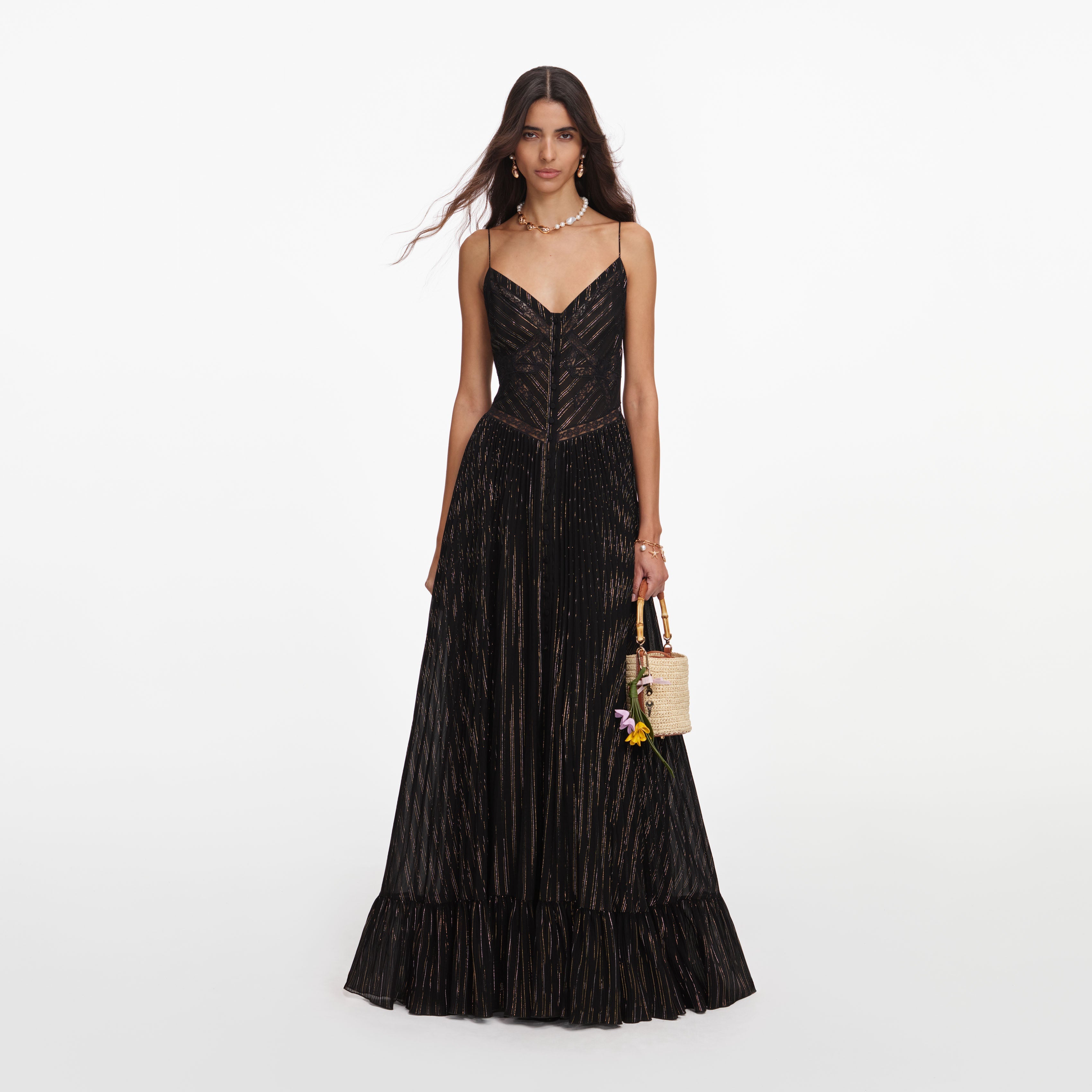 Black Lurex Stripe Pleated Maxi Dress