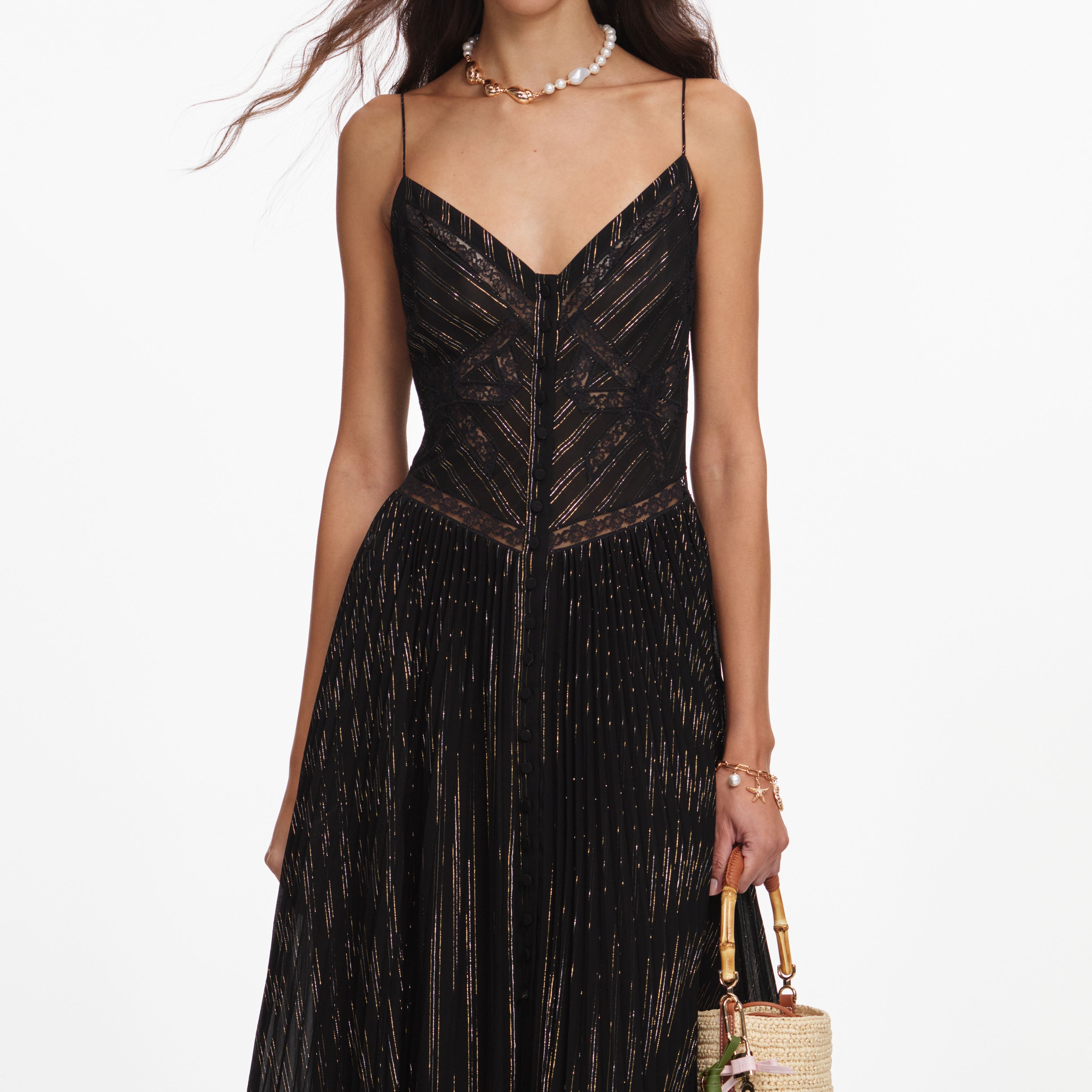 Black Lurex Stripe Pleated Maxi Dress