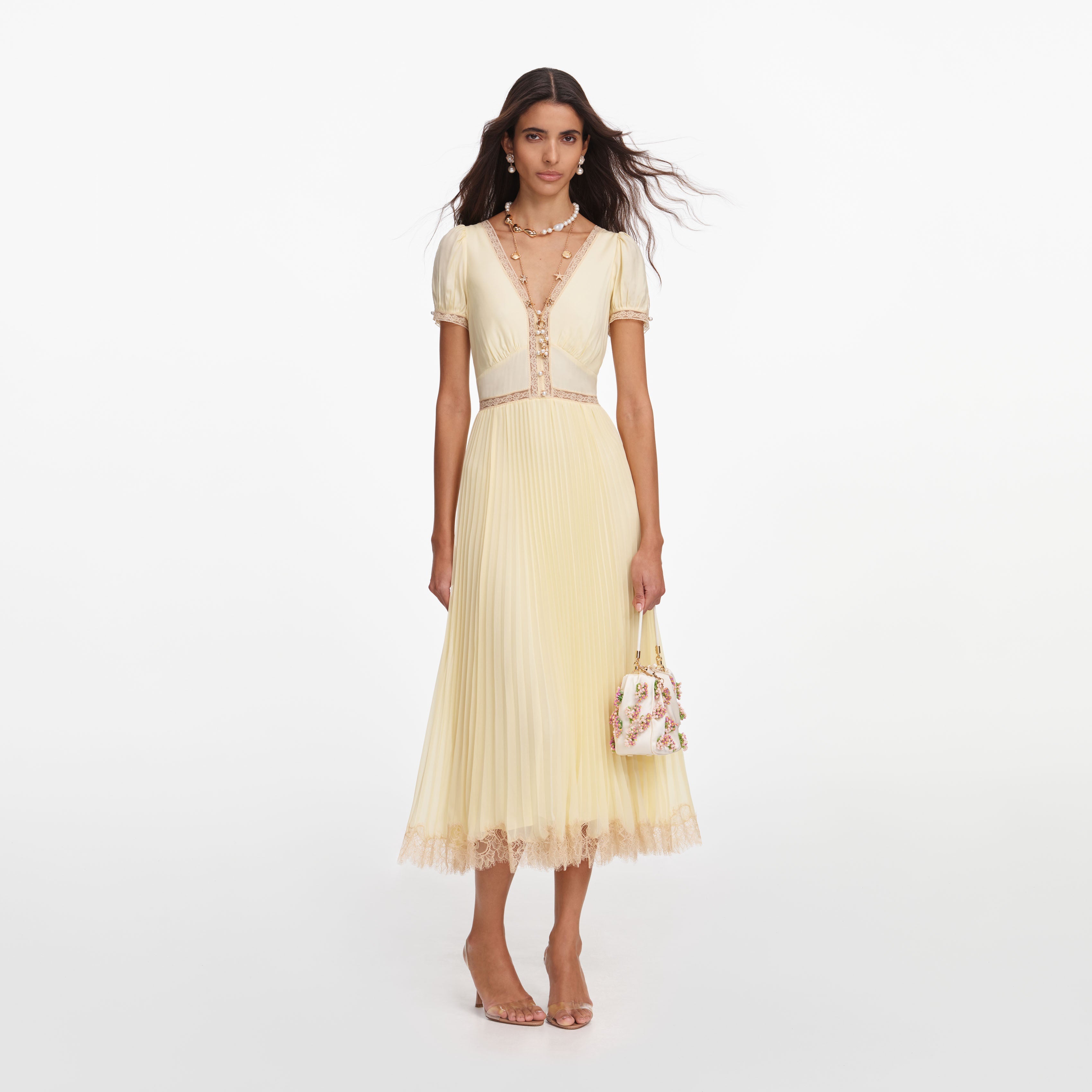 Yellow Viscose Pleated Lace Midi Dress