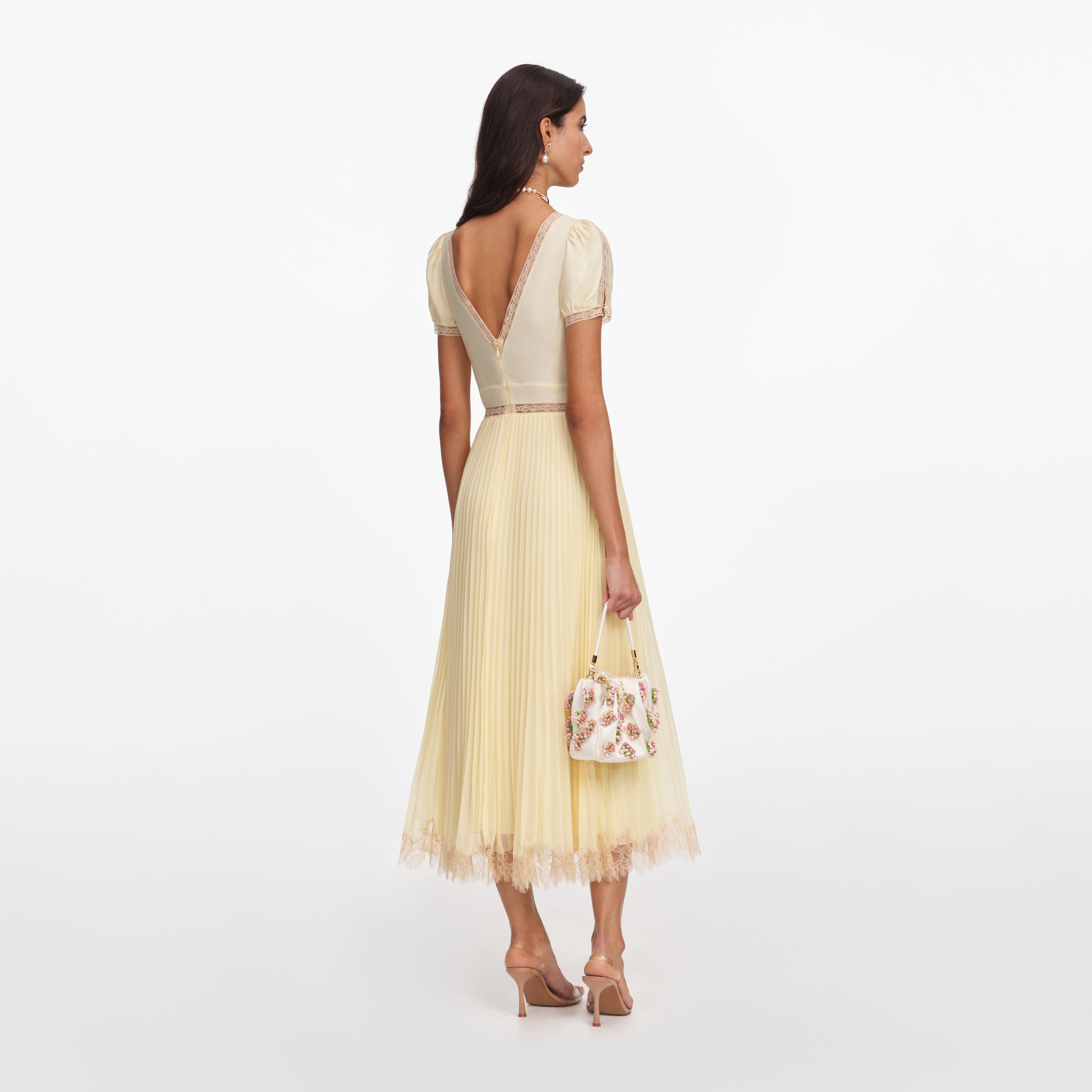 Yellow Viscose Pleated Lace Midi Dress