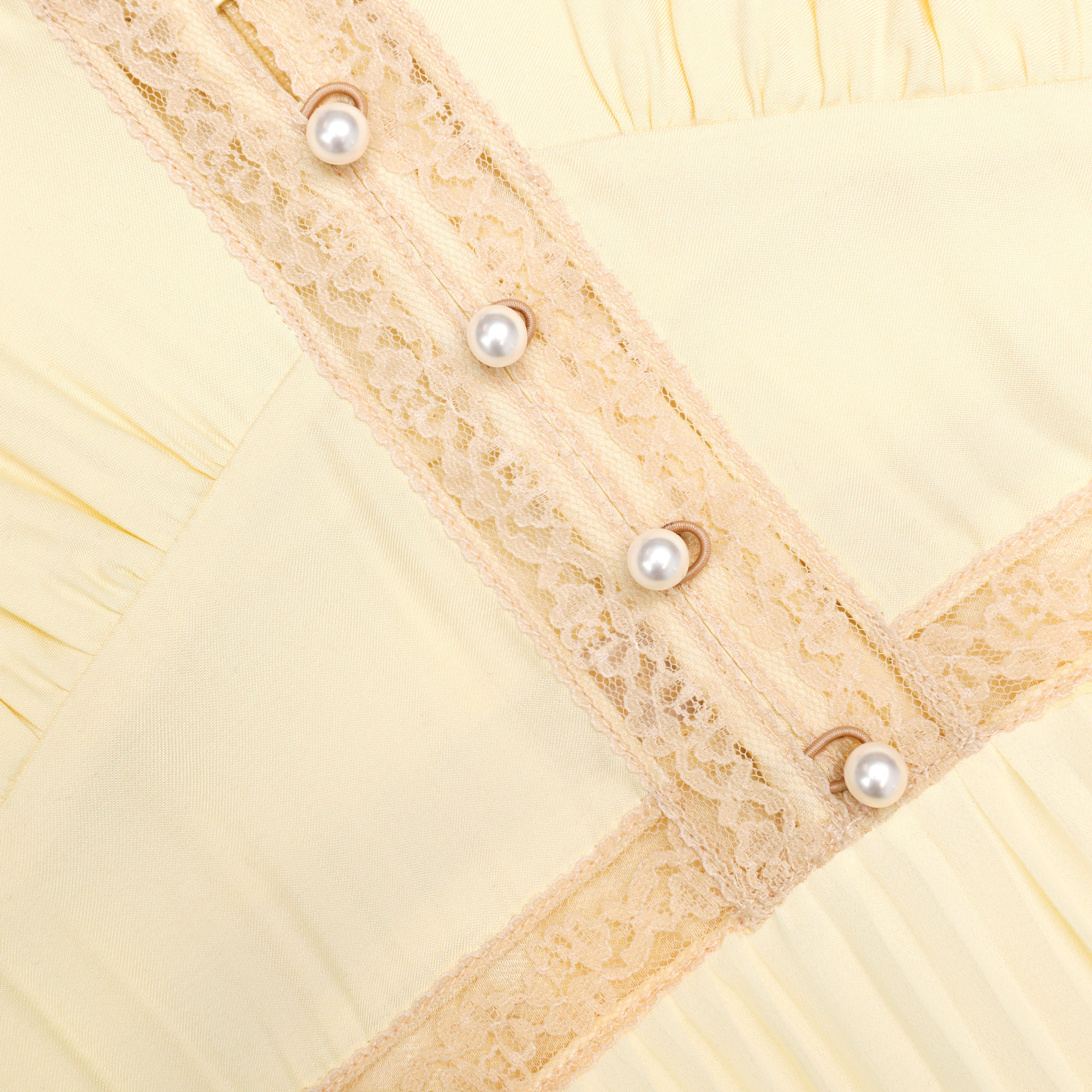 Yellow Viscose Pleated Lace Midi Dress