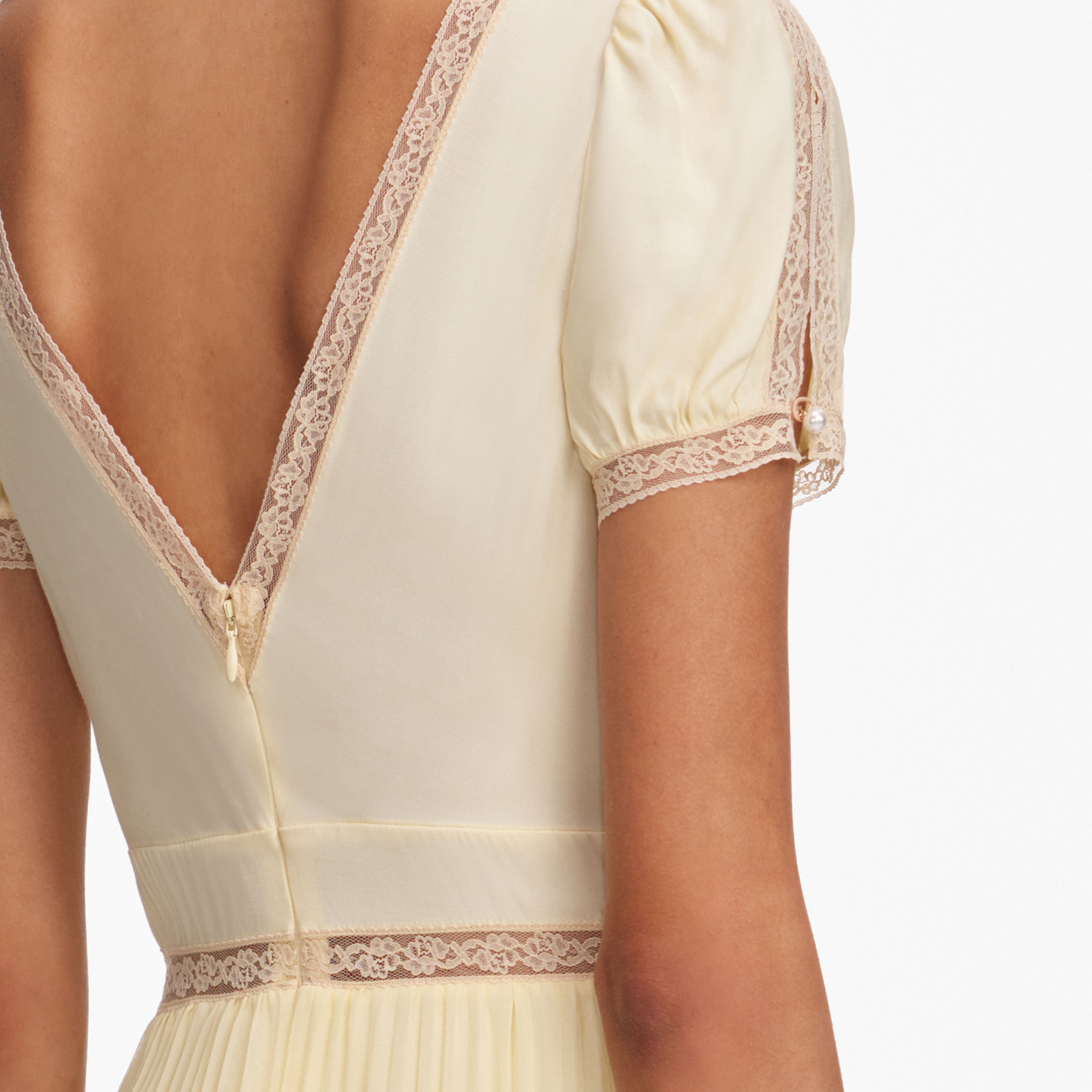 Yellow Viscose Pleated Lace Midi Dress