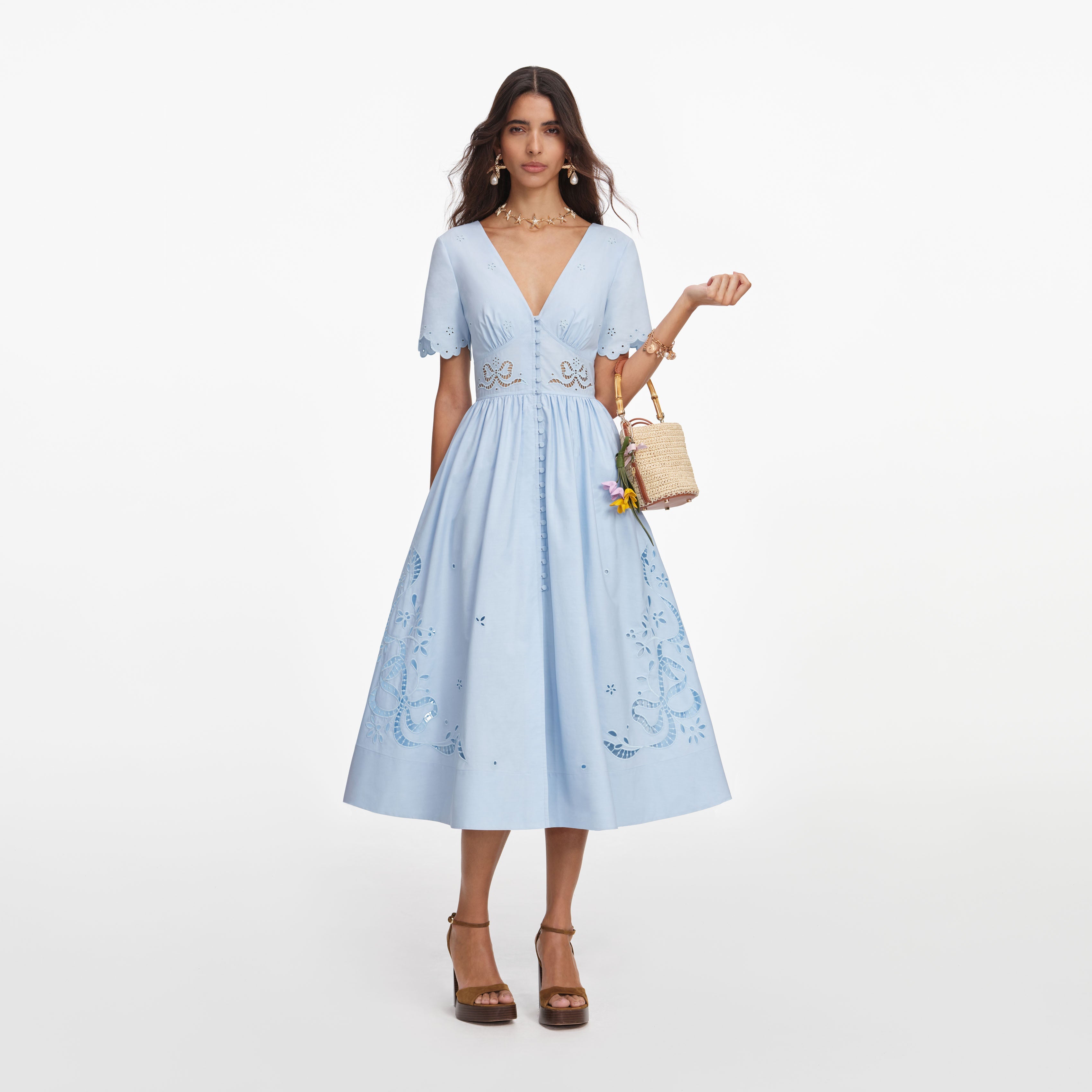 Blue Cotton Embroidered Midi Dress