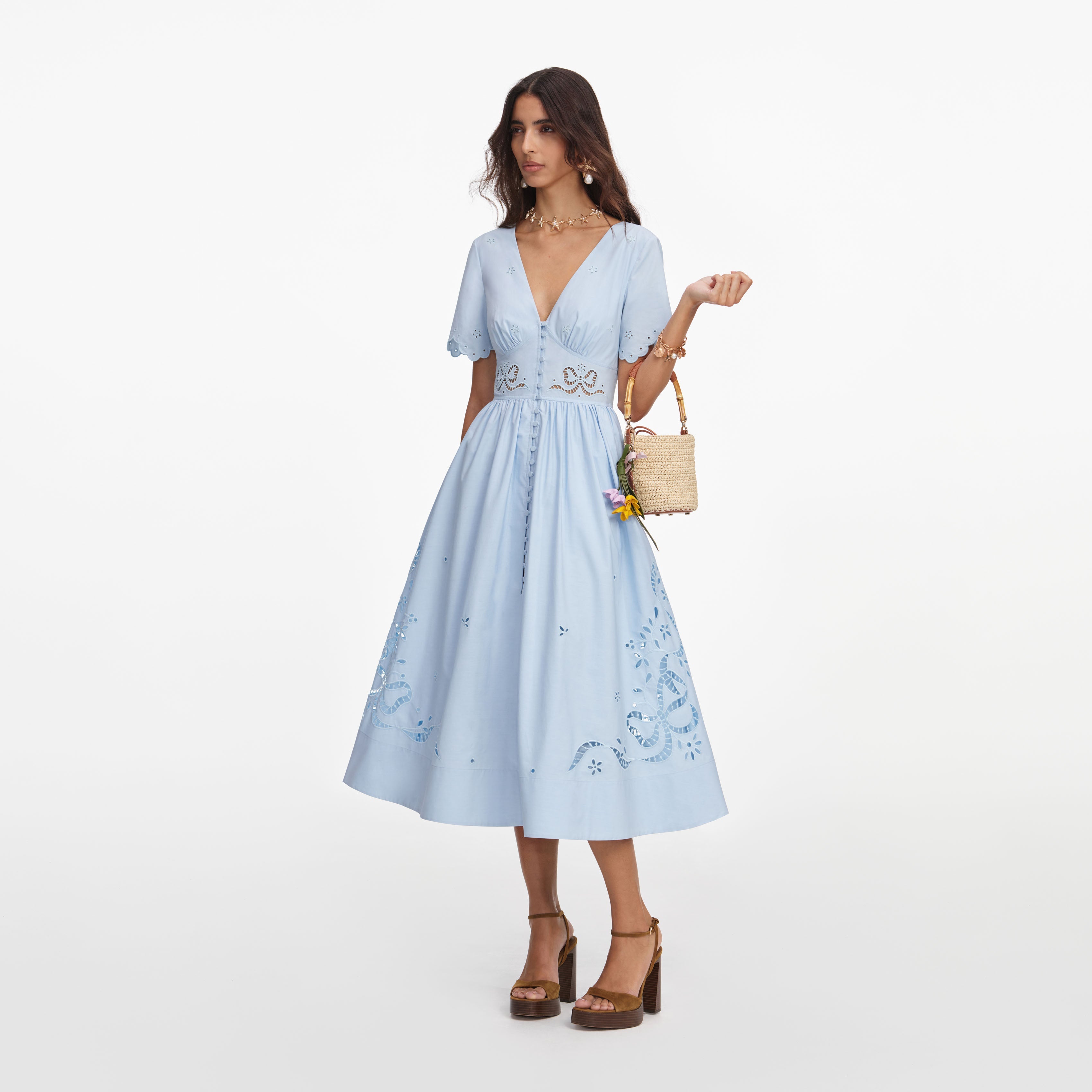 Blue Cotton Embroidered Midi Dress