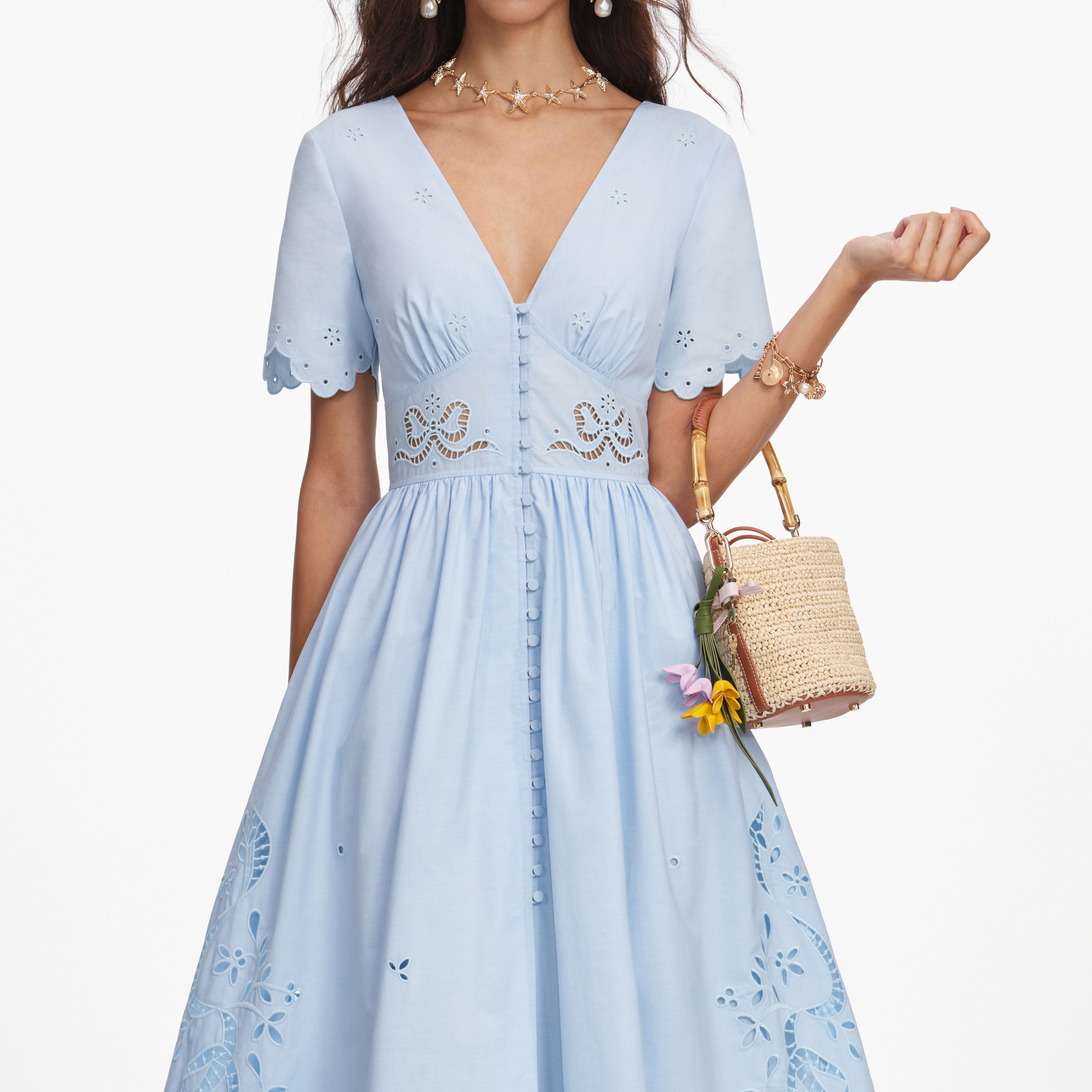 Blue Cotton Embroidered Midi Dress
