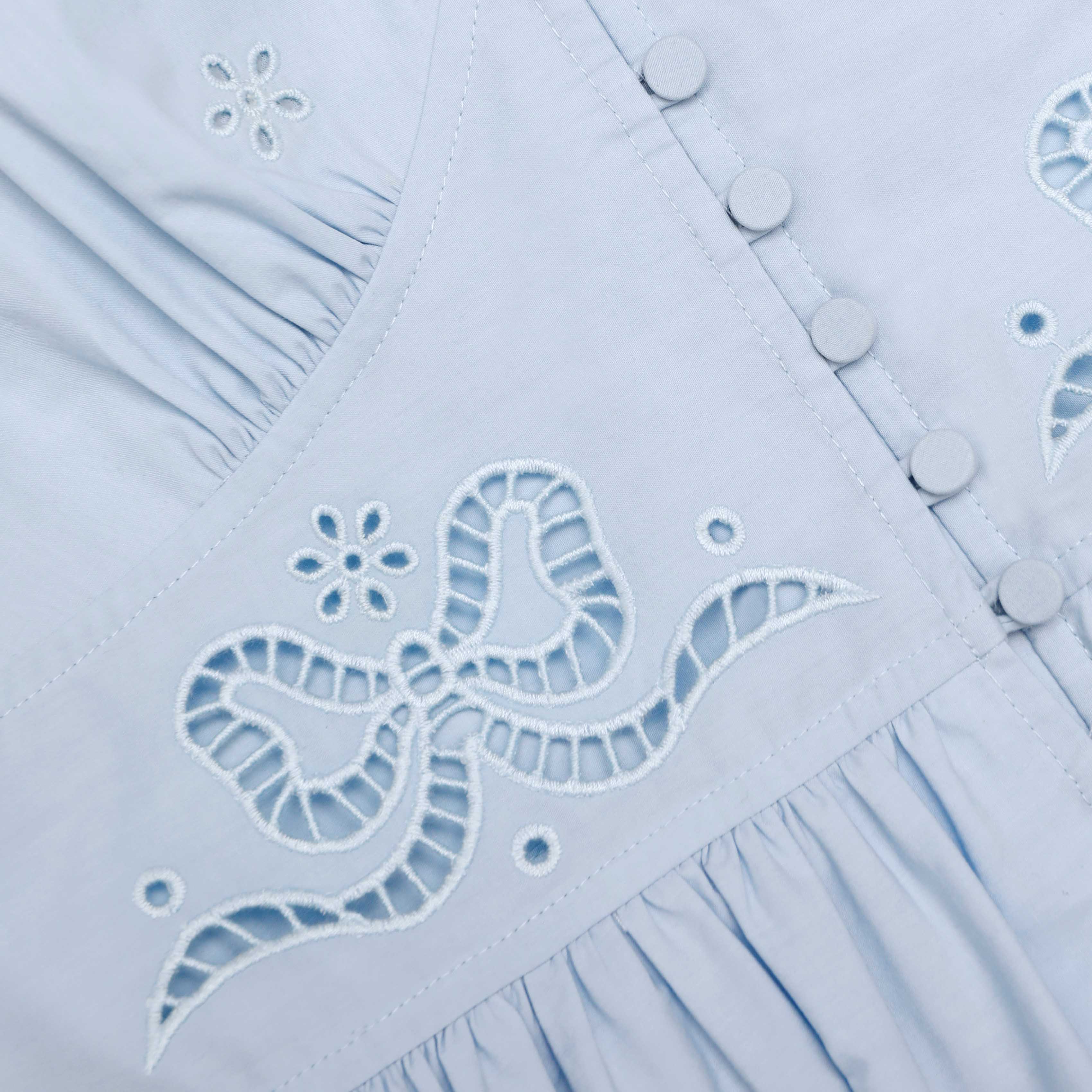 Blue Cotton Embroidered Midi Dress