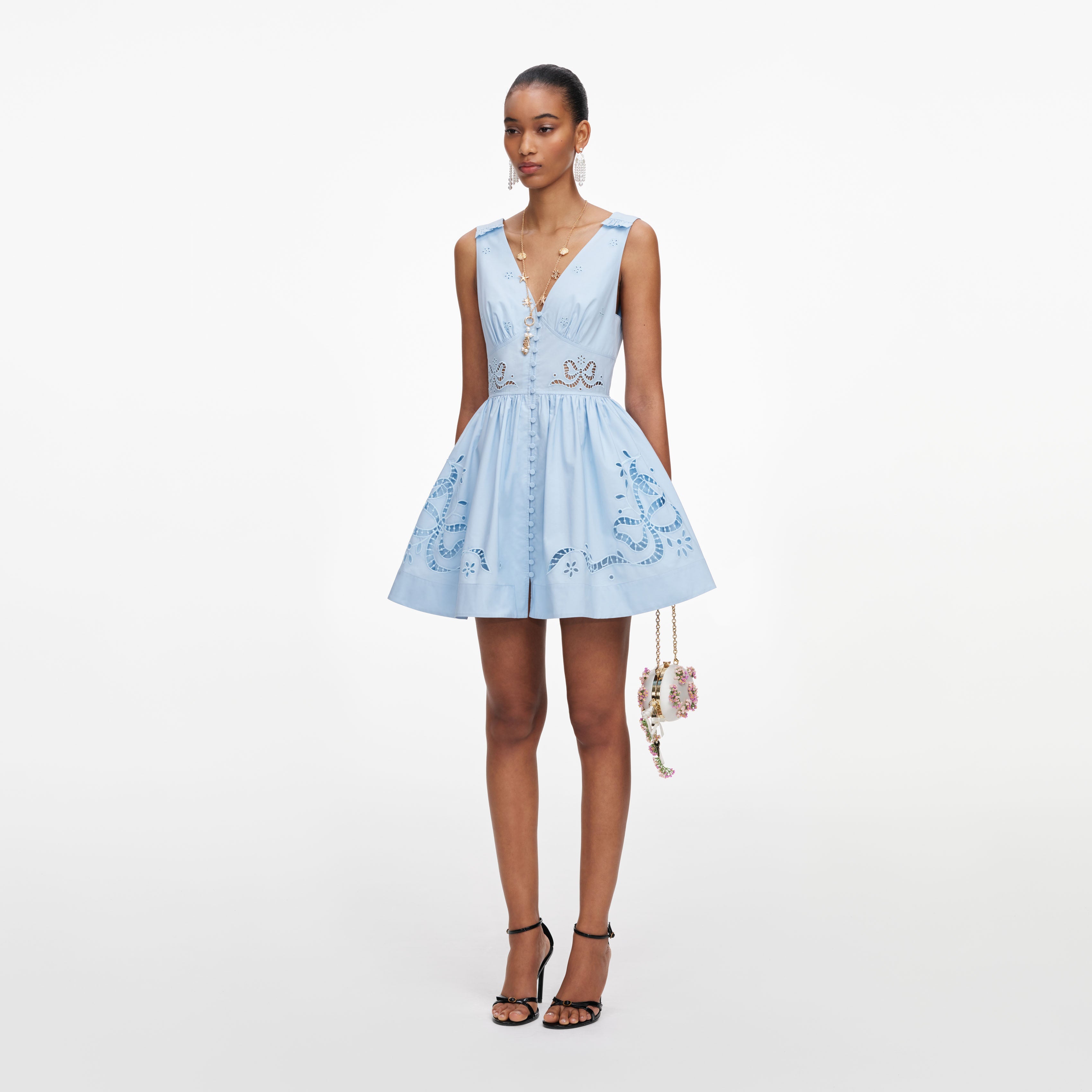 Blue Cotton Embroidered Mini Dress