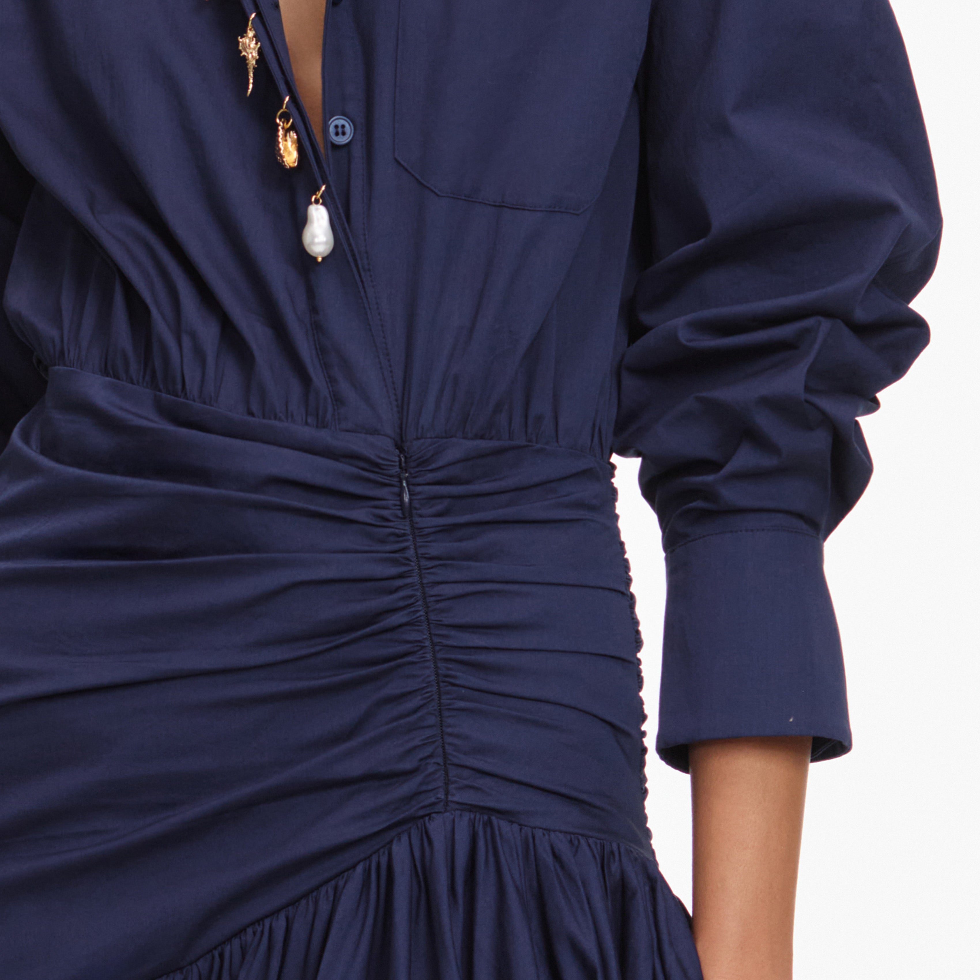 Navy Cotton Asymmetric Midi Dress