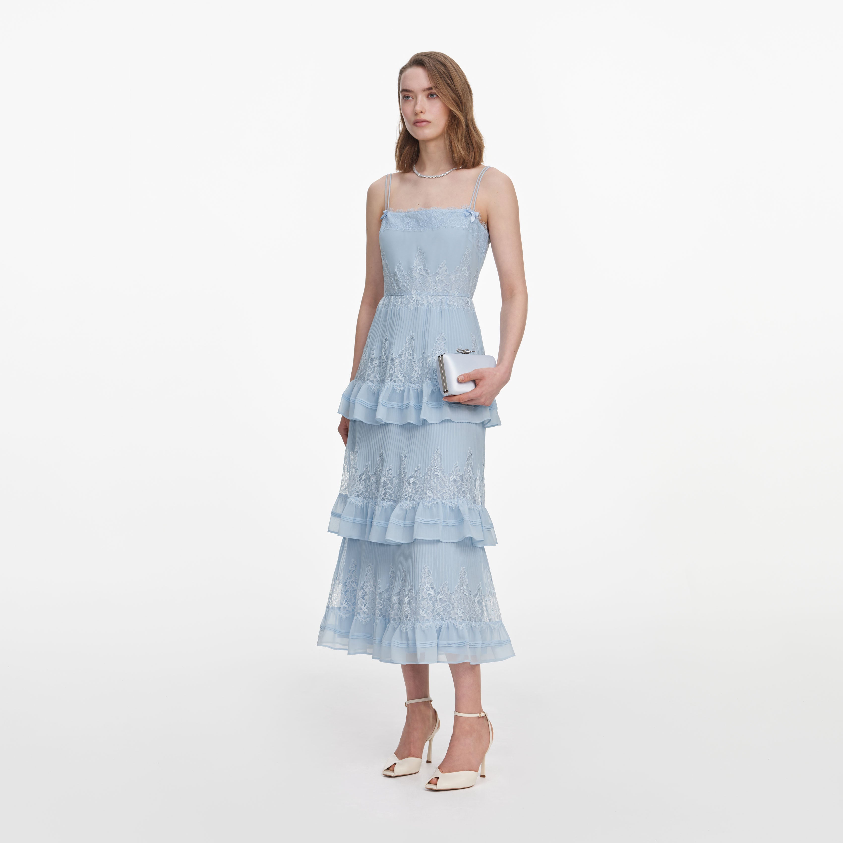 Blue Chiffon Lace Tiered Midi Dress