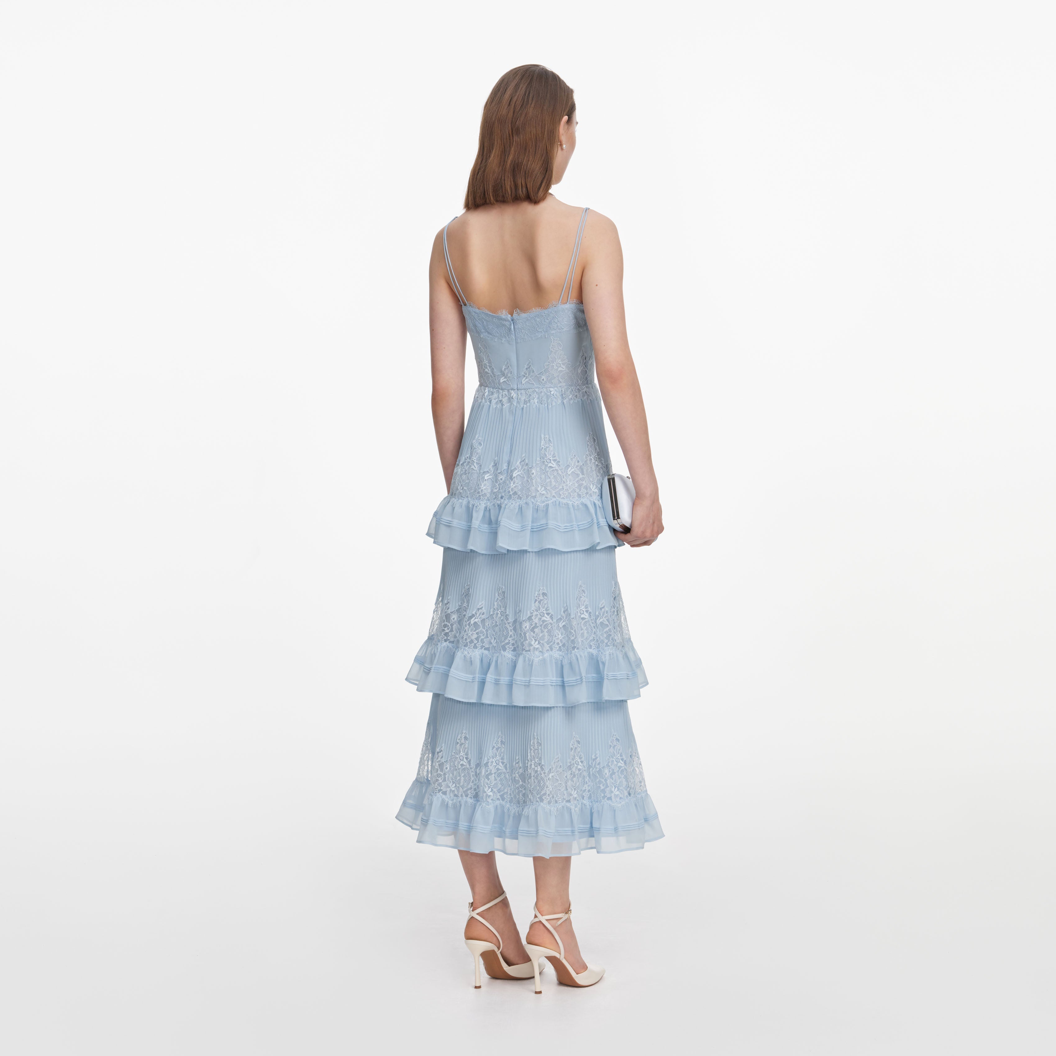 Blue Chiffon Lace Tiered Midi Dress