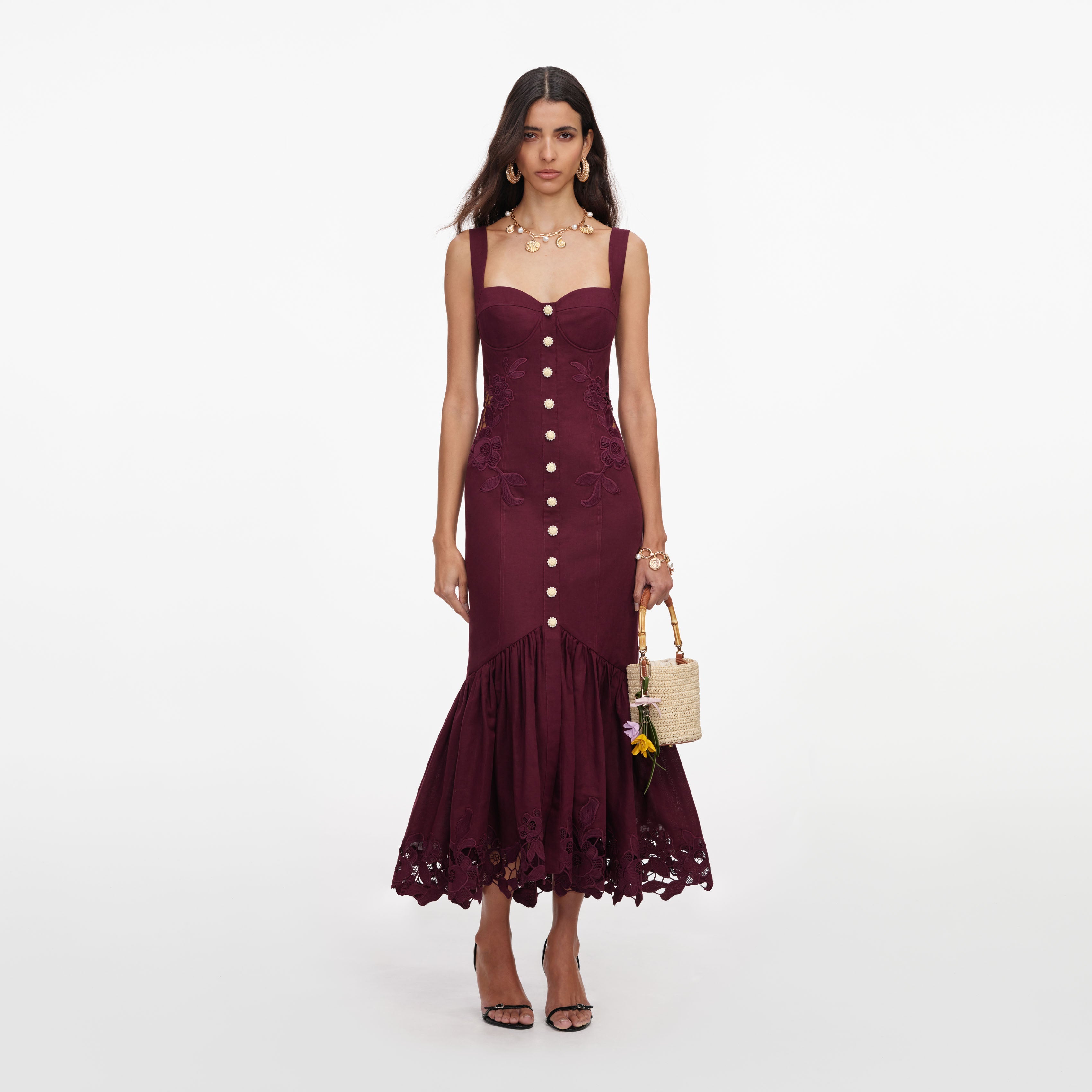 Plum Linen Blend Lace Insert Midi Dress