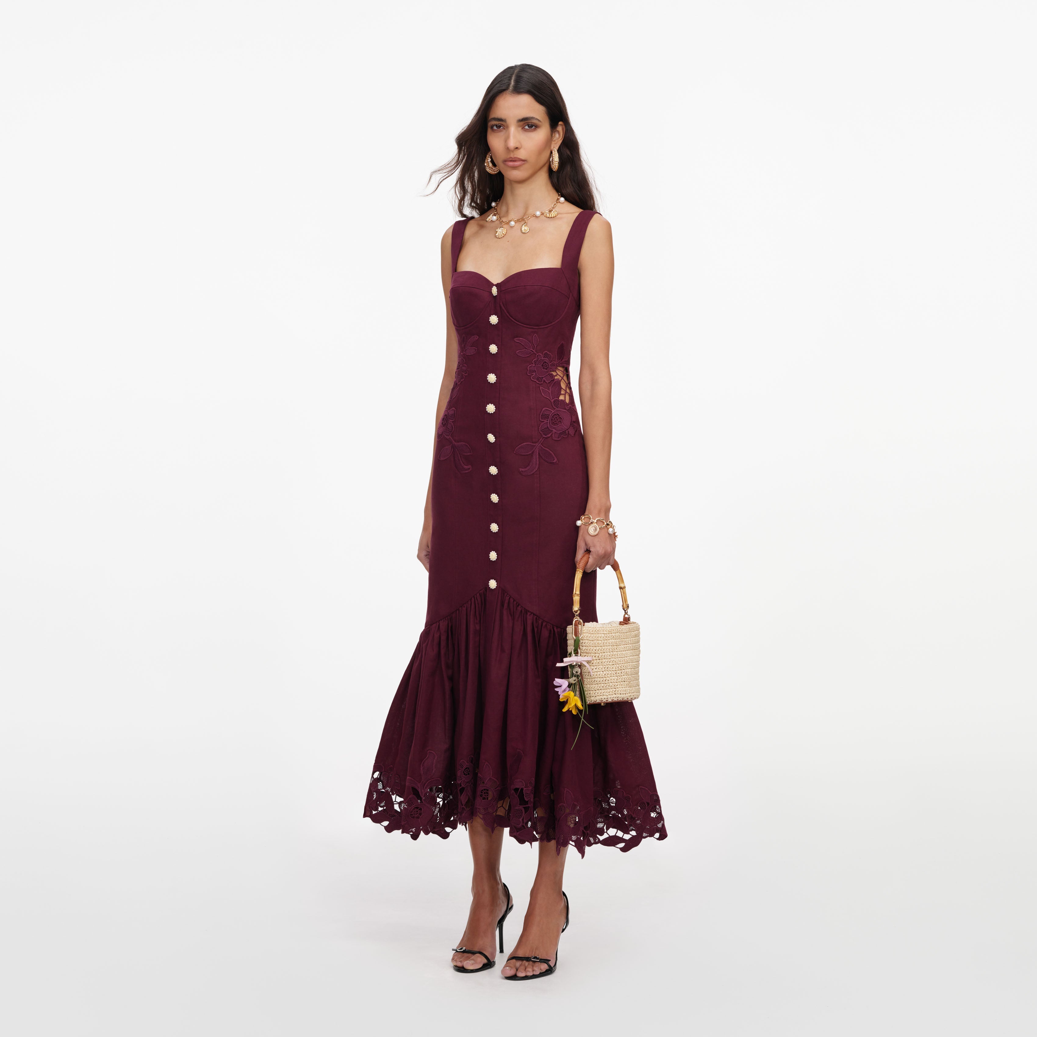 Plum Linen Blend Lace Insert Midi Dress