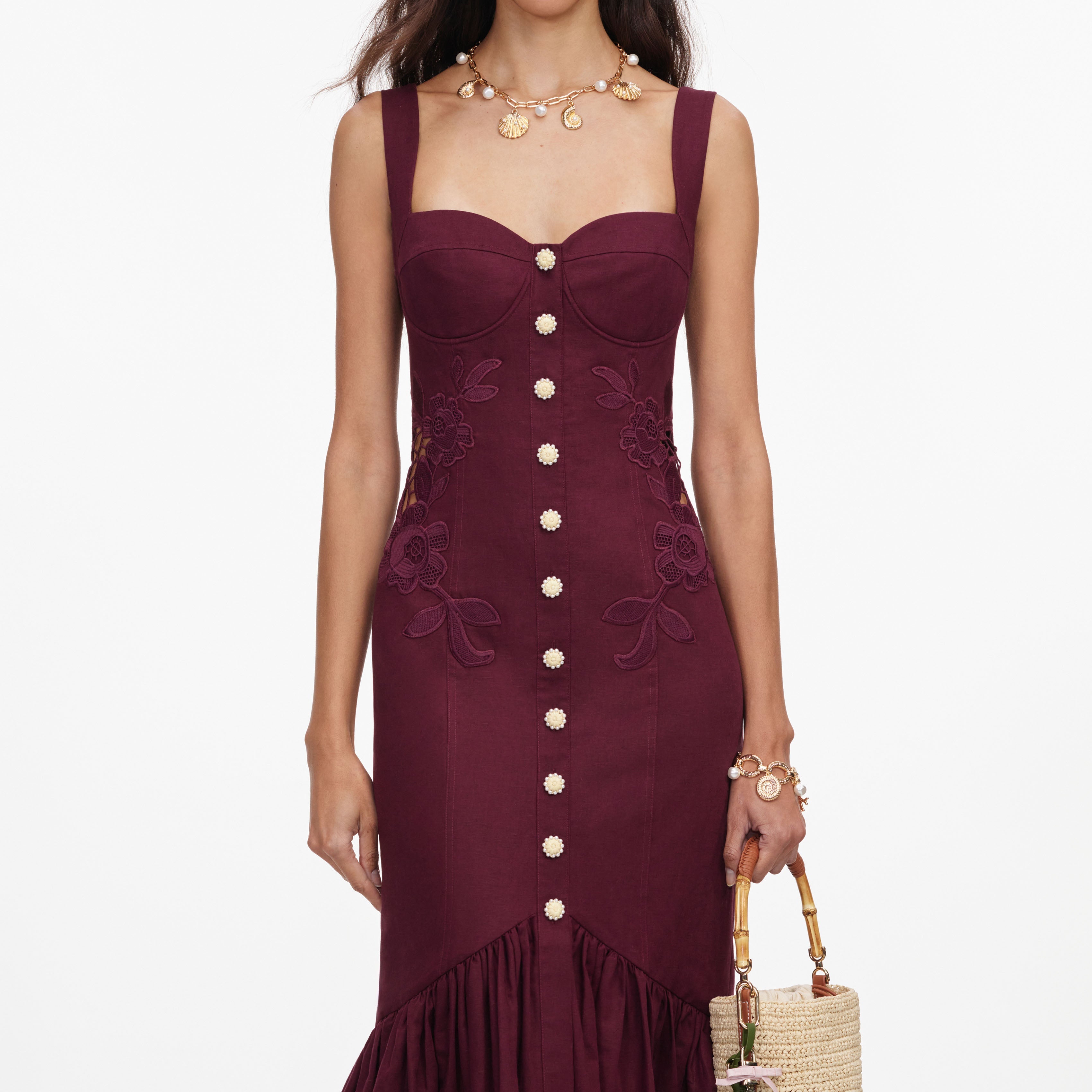 Plum Linen Blend Lace Insert Midi Dress