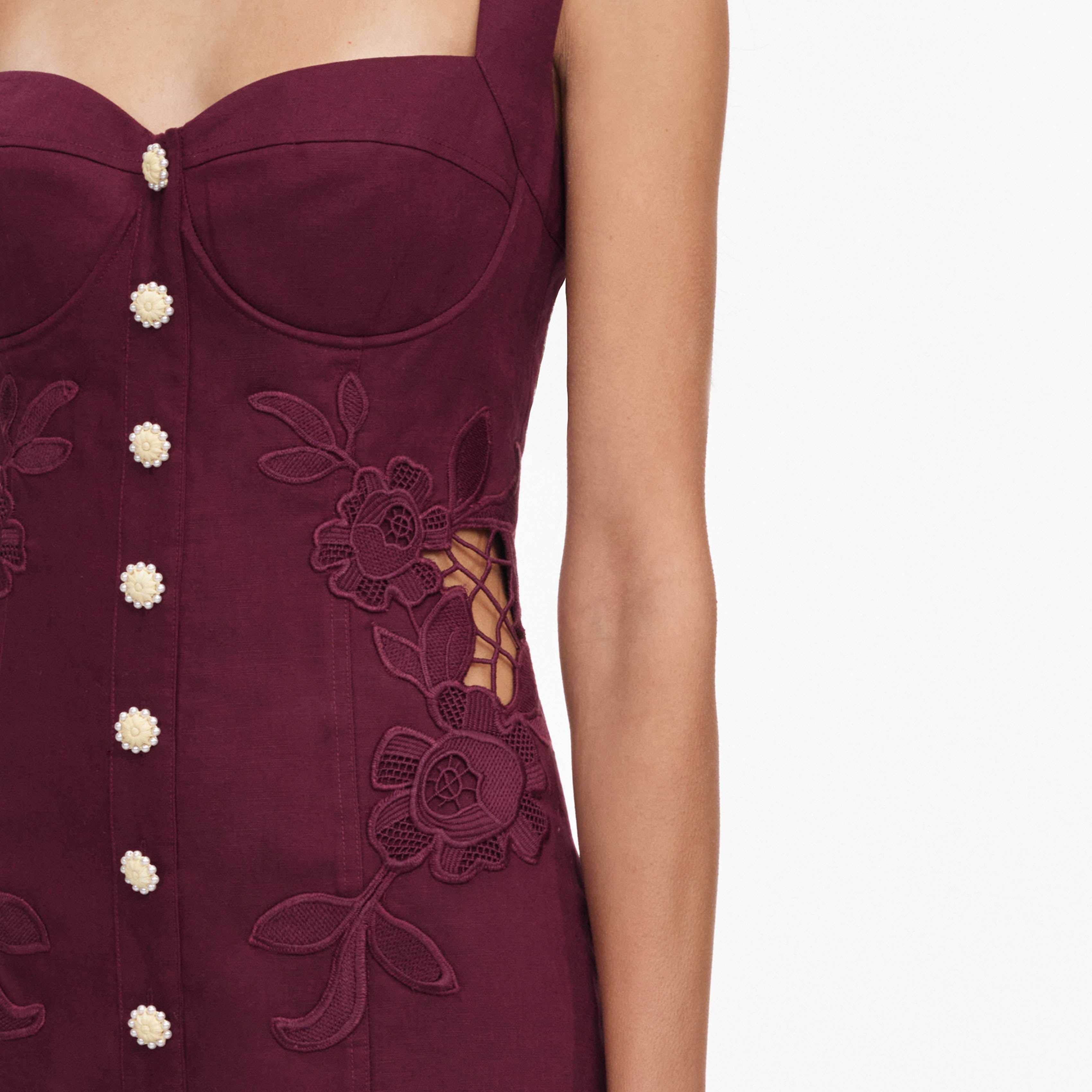 Plum Linen Blend Lace Insert Midi Dress