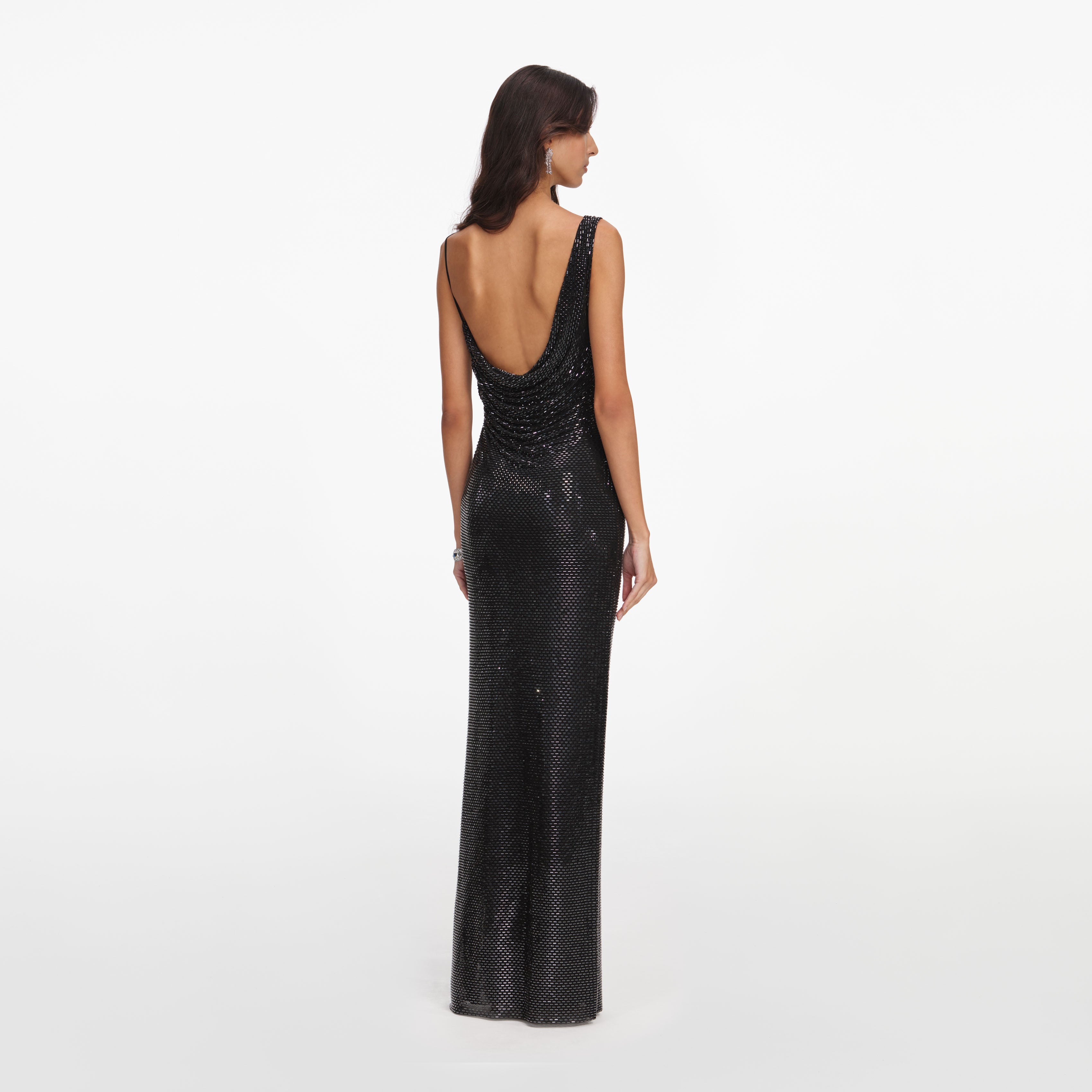 Black Rhinestone Draped Maxi Dress