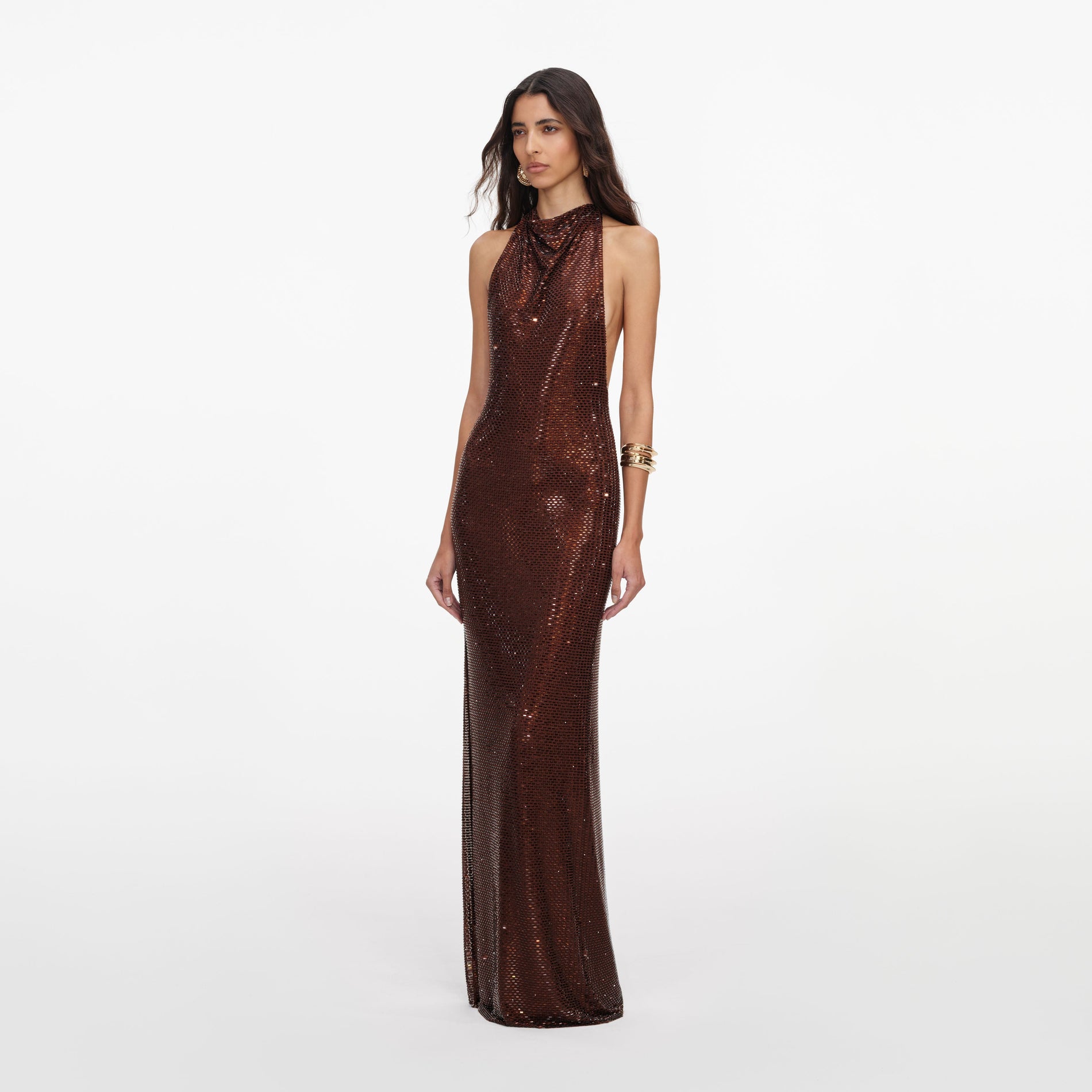 Side view of a woman wearing the Brown Rhinestone Racer Back Maxi Dress