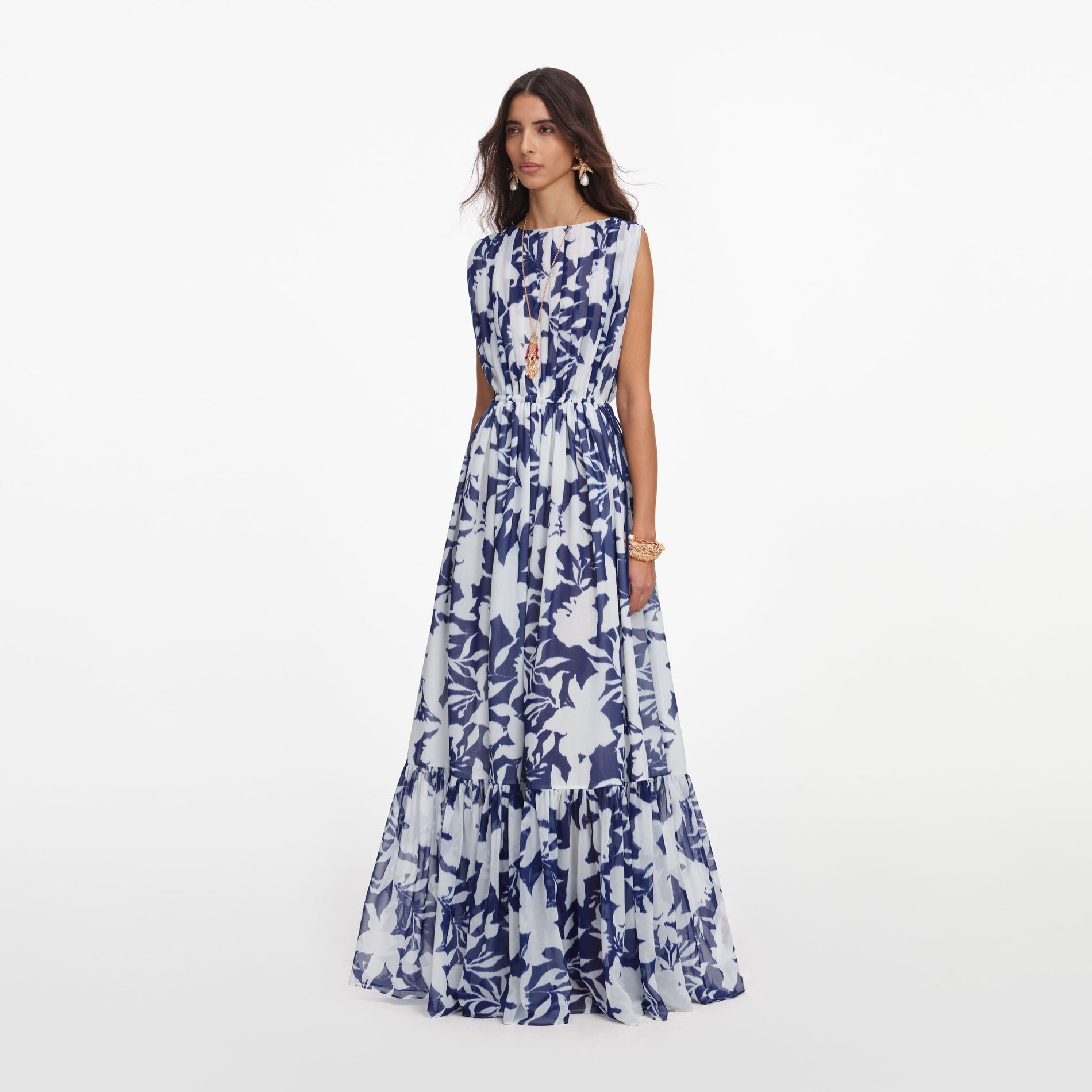 Side view of a woman wearing the Printed Georgette Maxi Dress