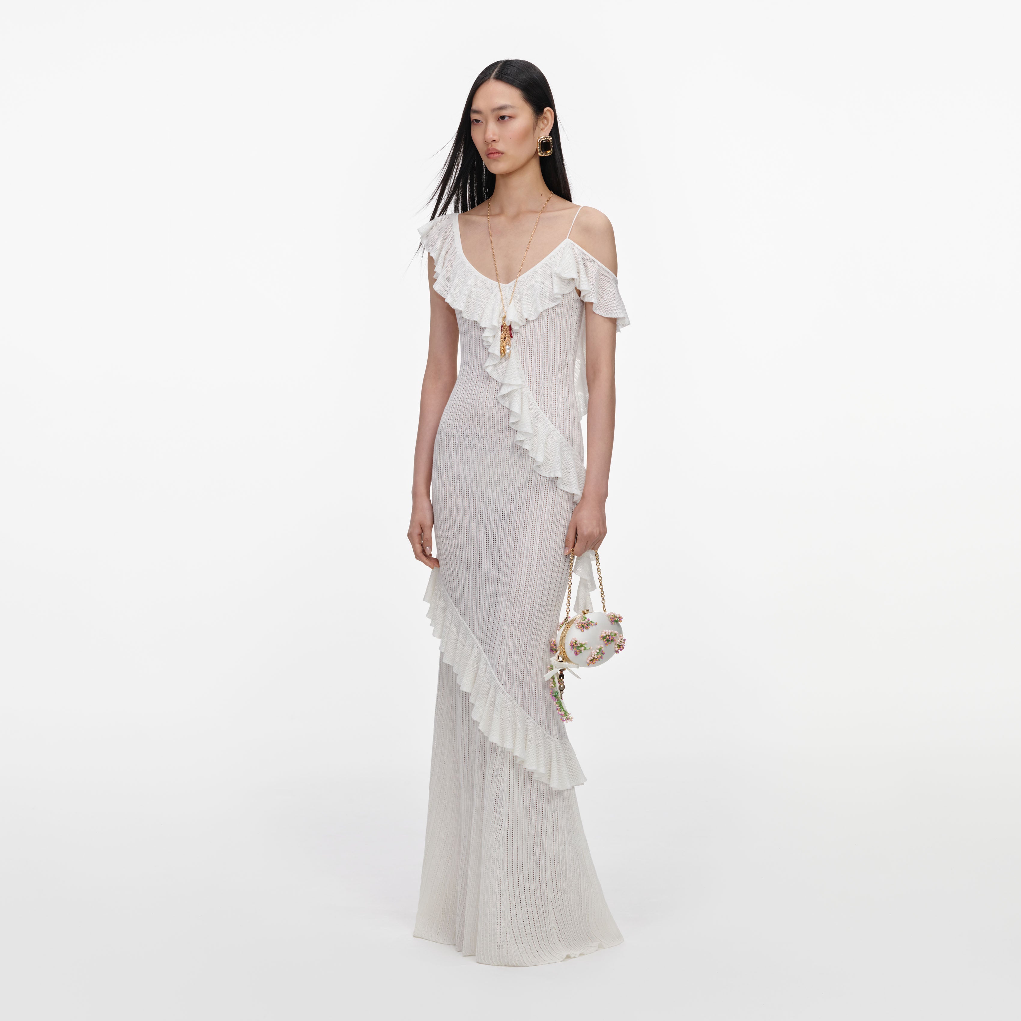 White Ruffle Knit Maxi Dress