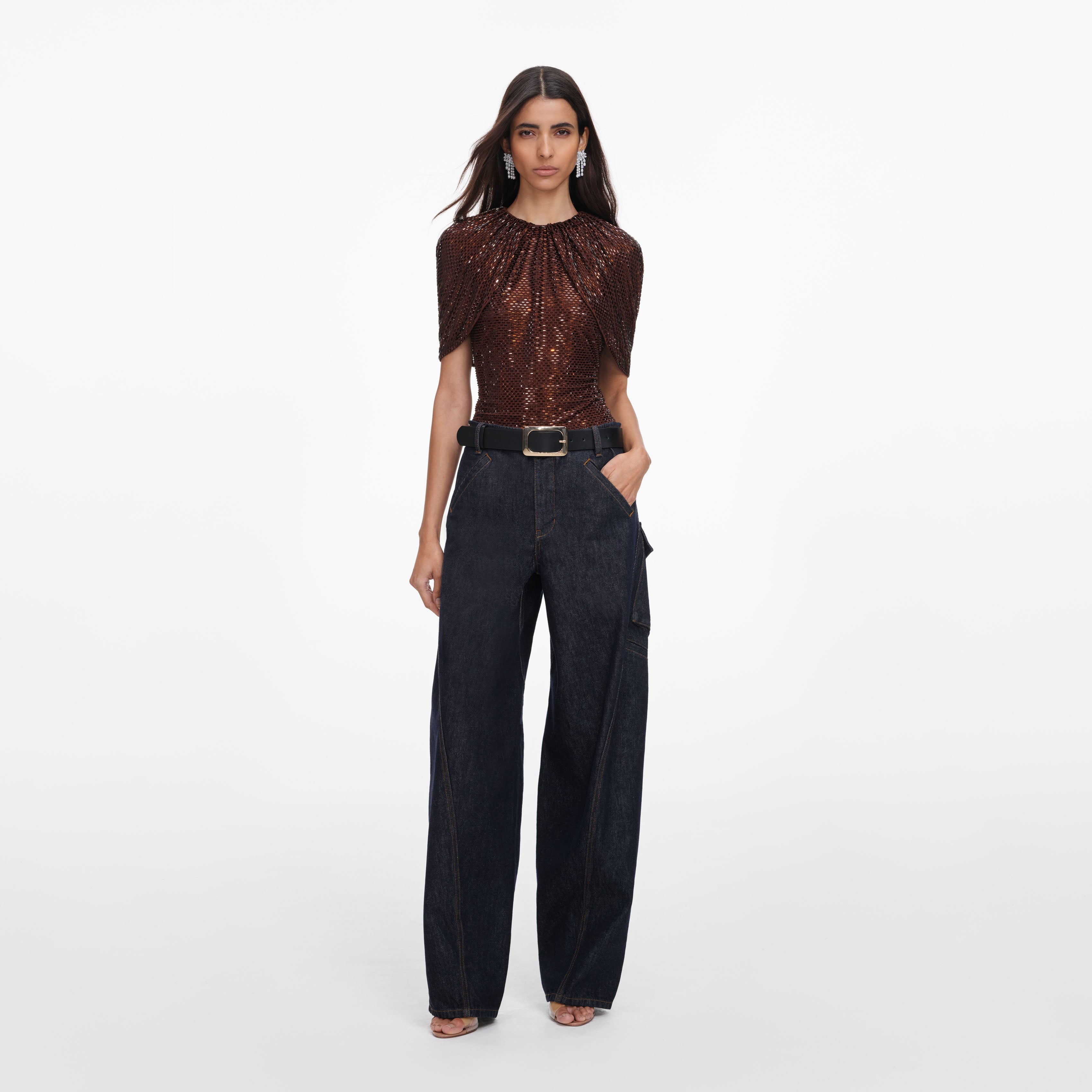 Brown Rhinestone Cape Sleeve Top