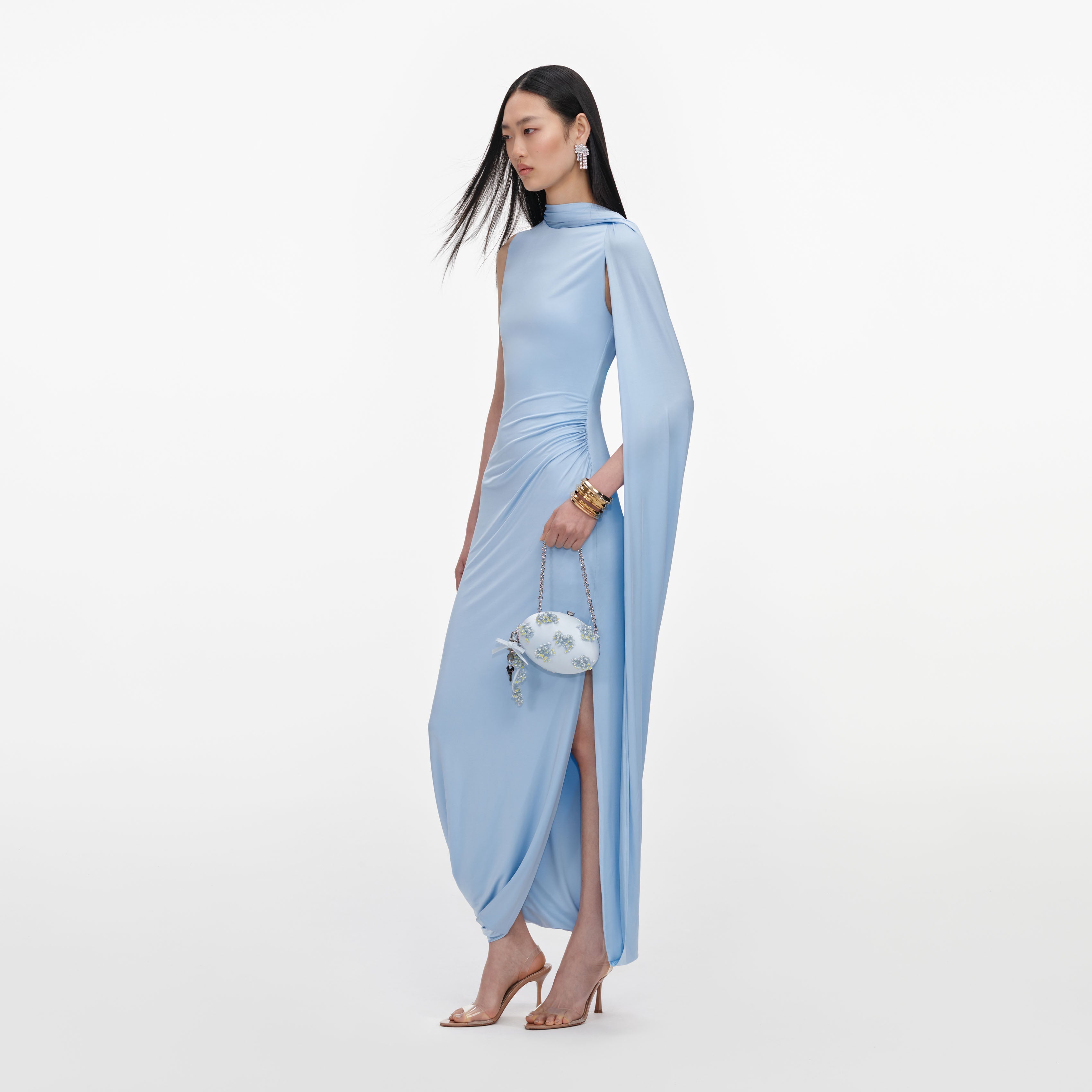 Blue Jersey Draped Maxi Dress