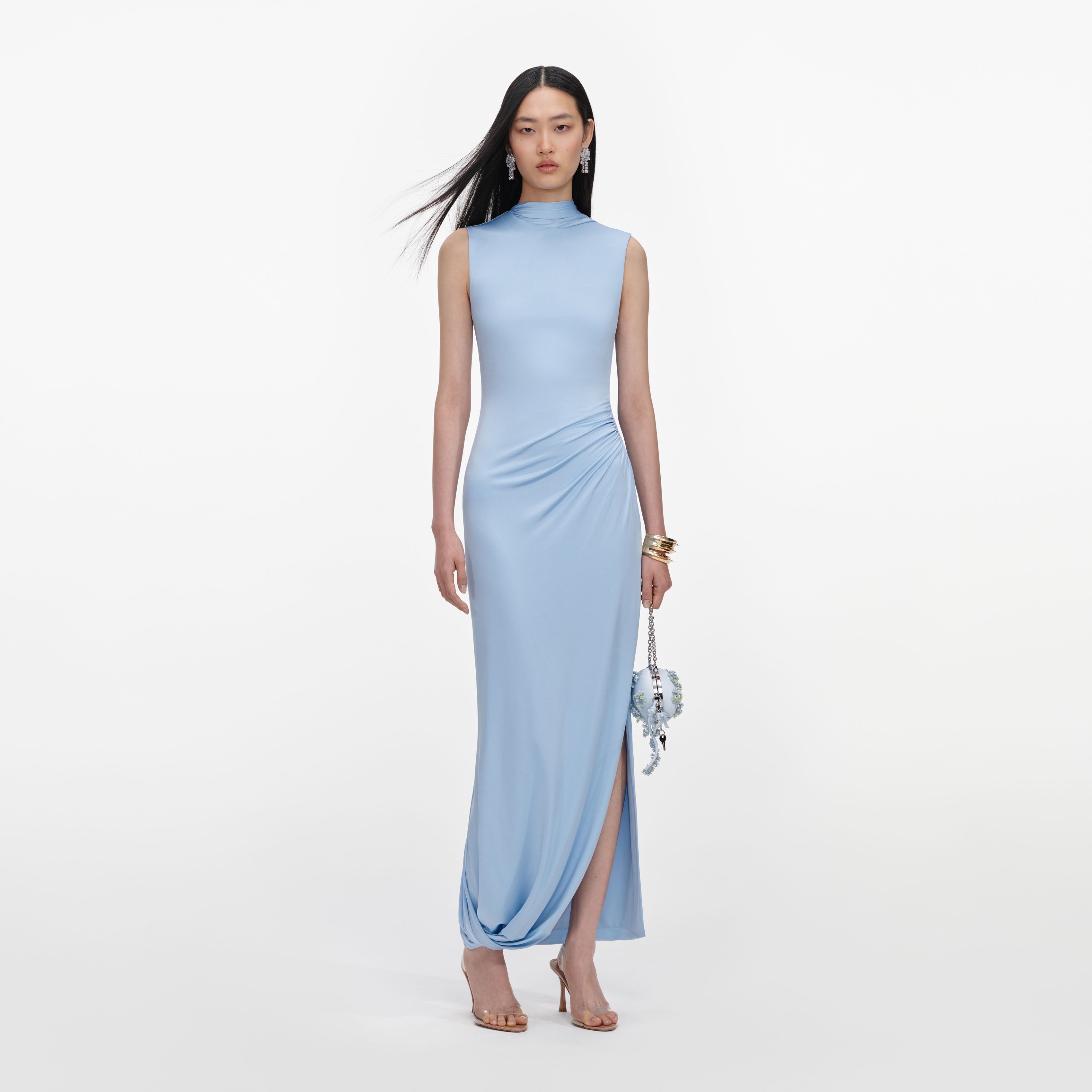Blue Jersey Draped Maxi Dress