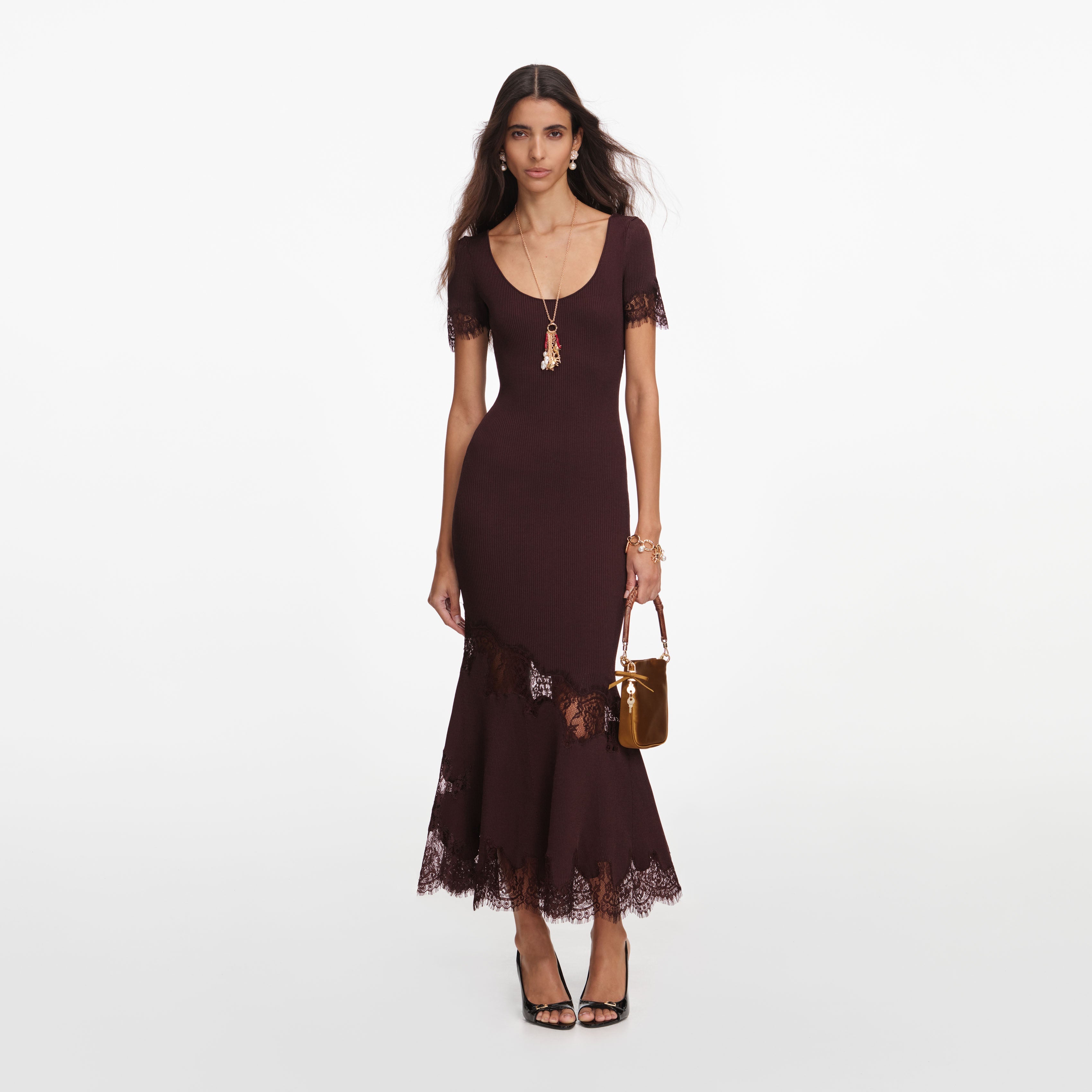 Brown Ribbed Knit Midi Dress