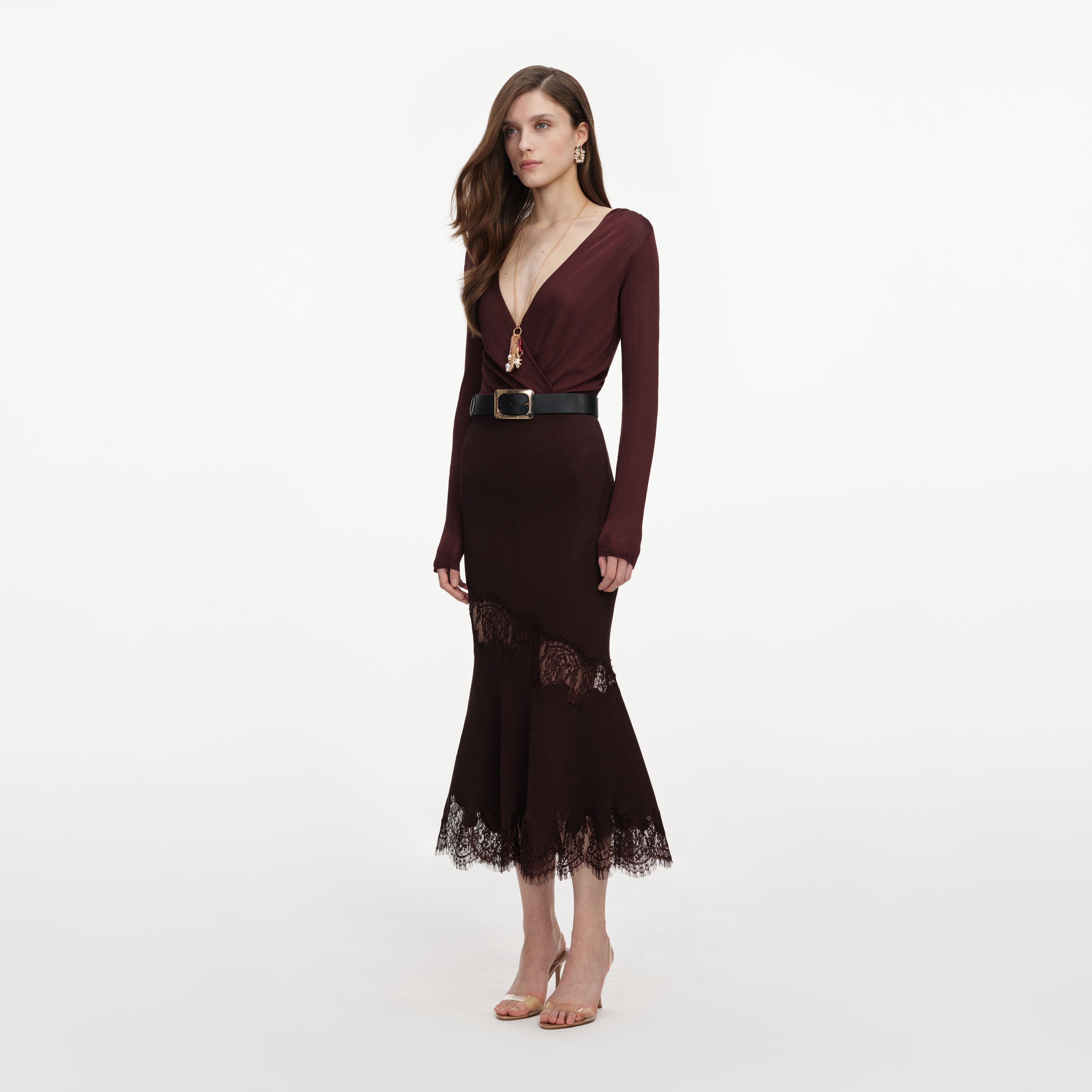 Brown Ribbed Knit Midi Skirt