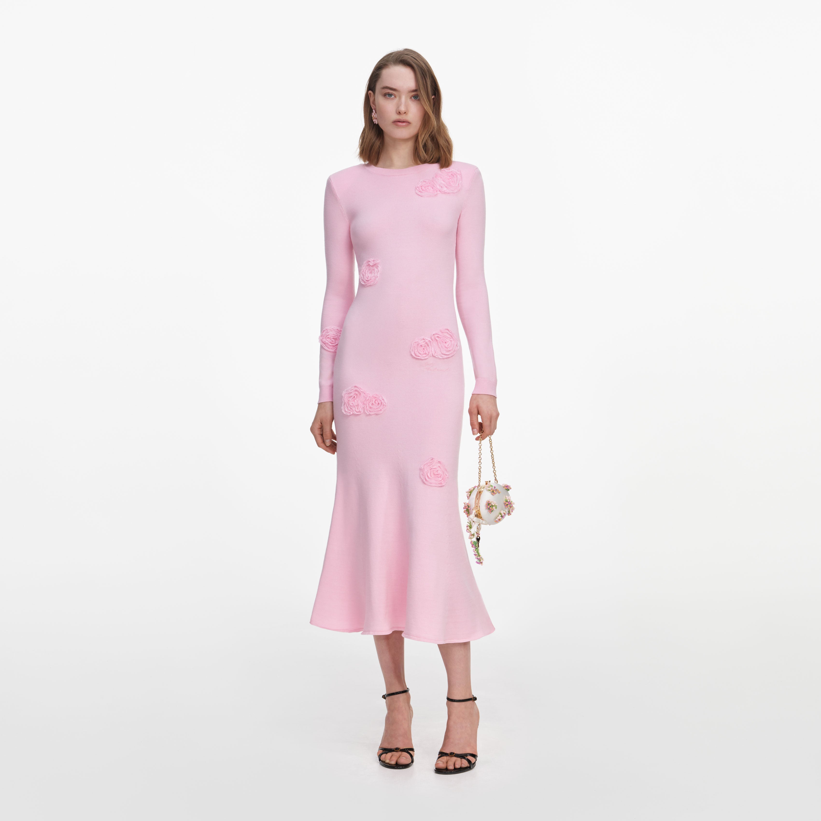 Pink Flower Knit Midi Dress