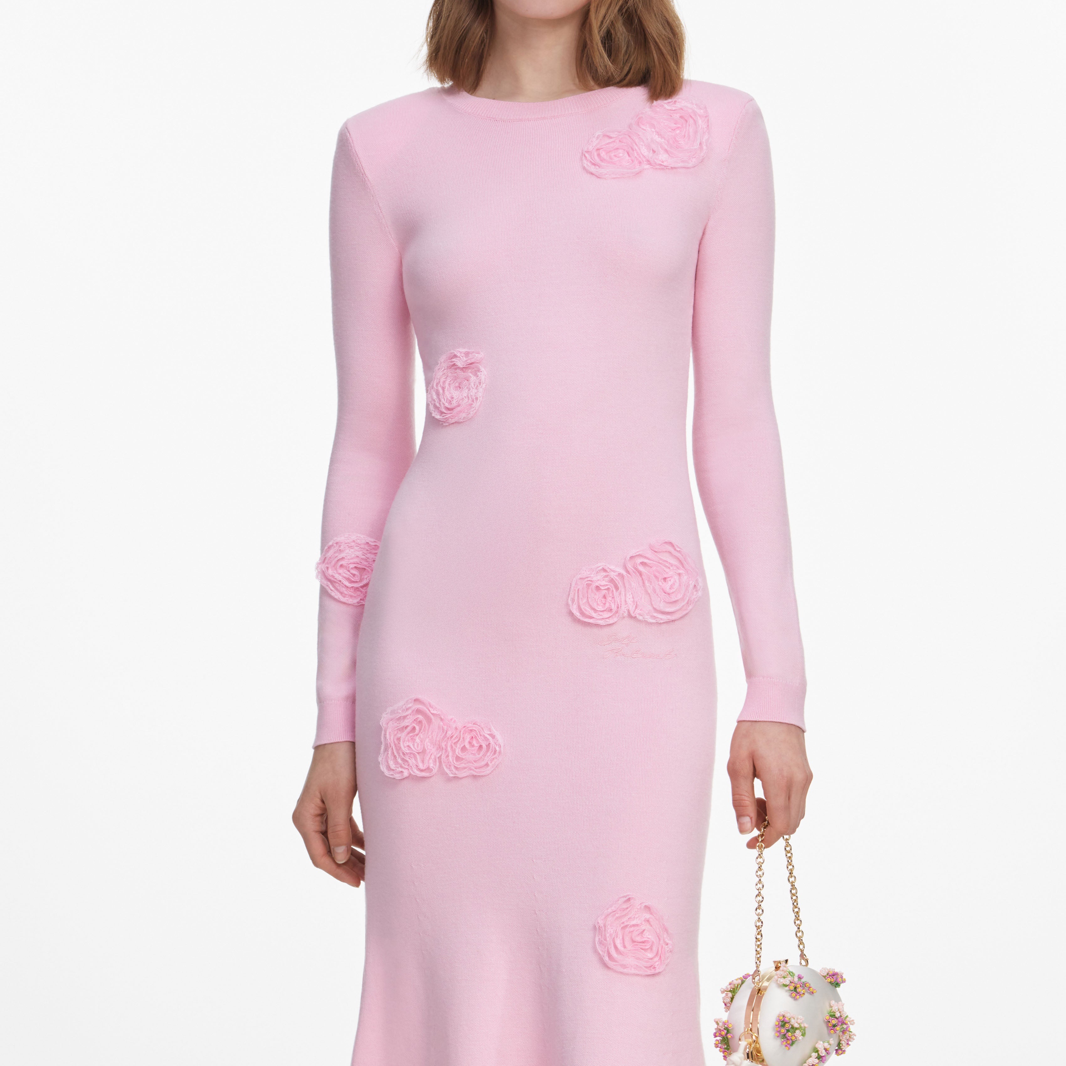 Pink Flower Knit Midi Dress