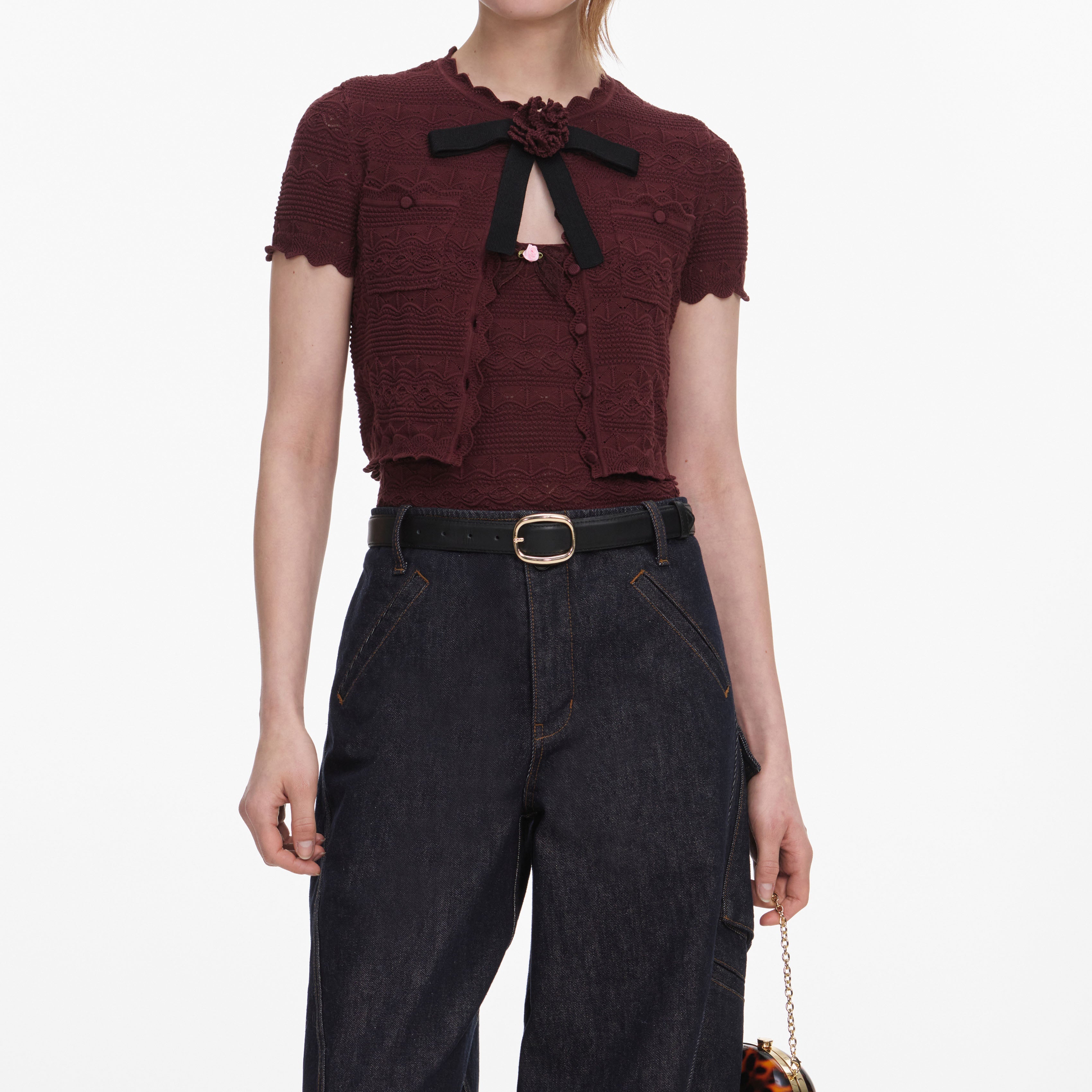 Brown Pointelle Knit Top