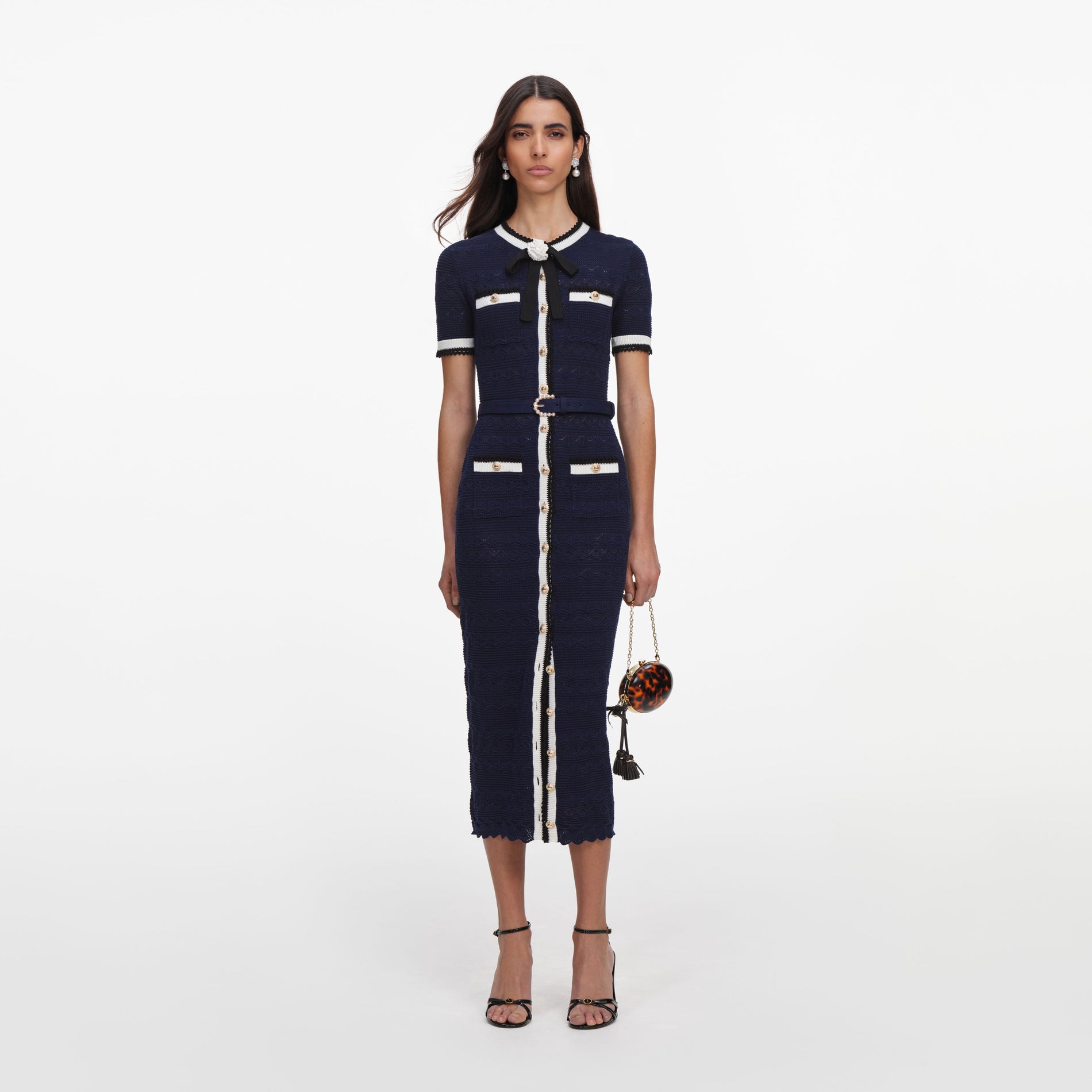 Navy Pointelle Knit Midi Dress