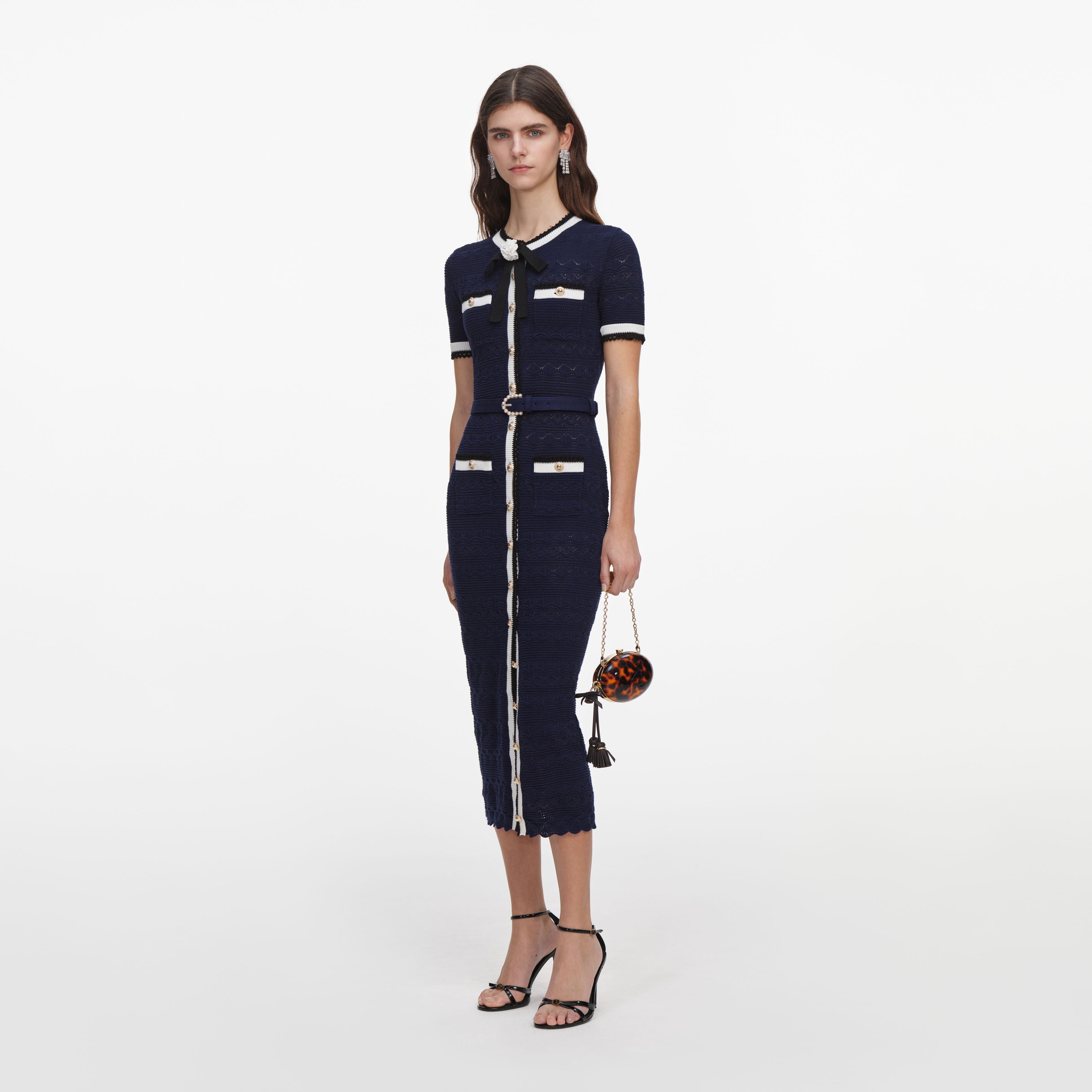 Navy Pointelle Knit Midi Dress