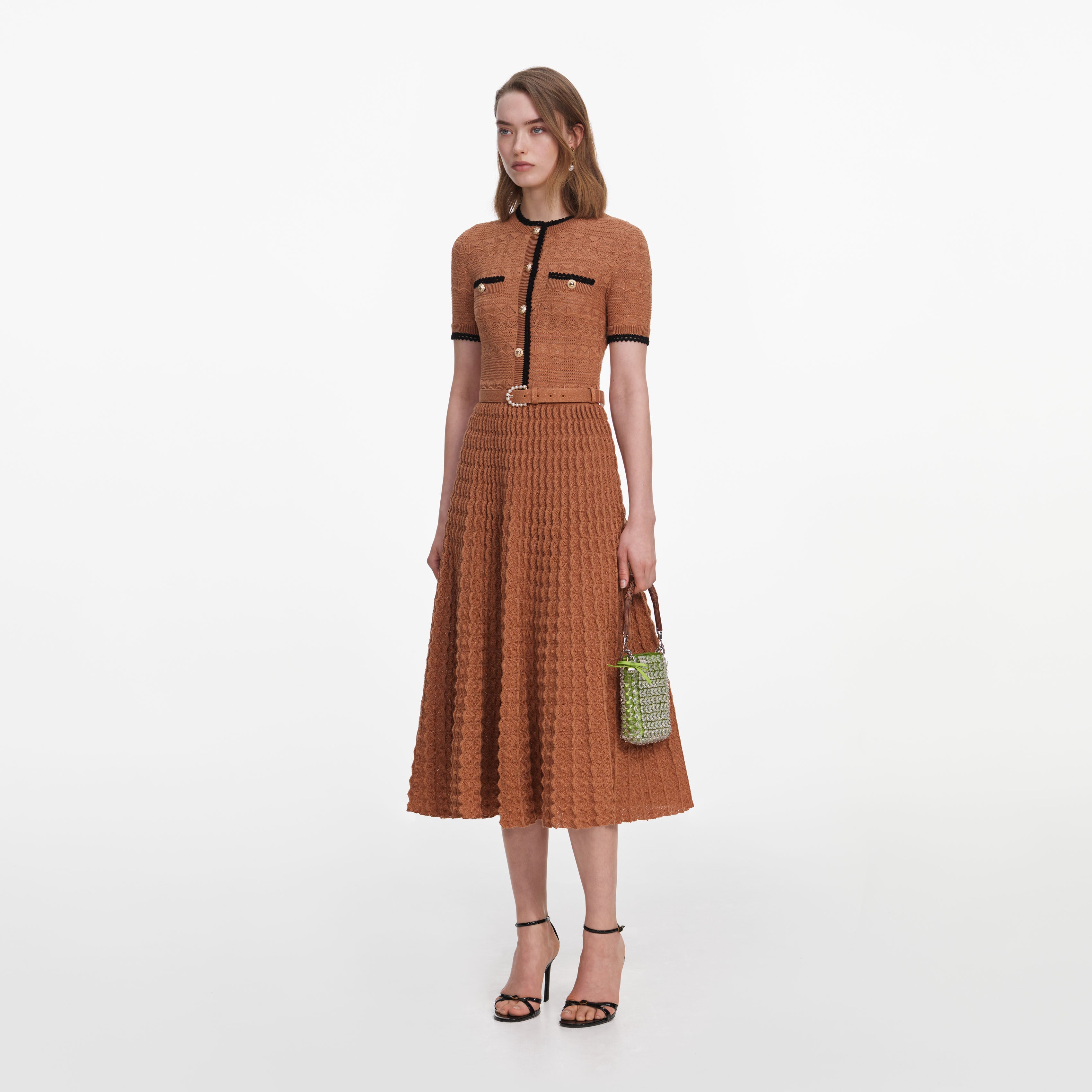 Brown Pointelle Knit Midi Dress
