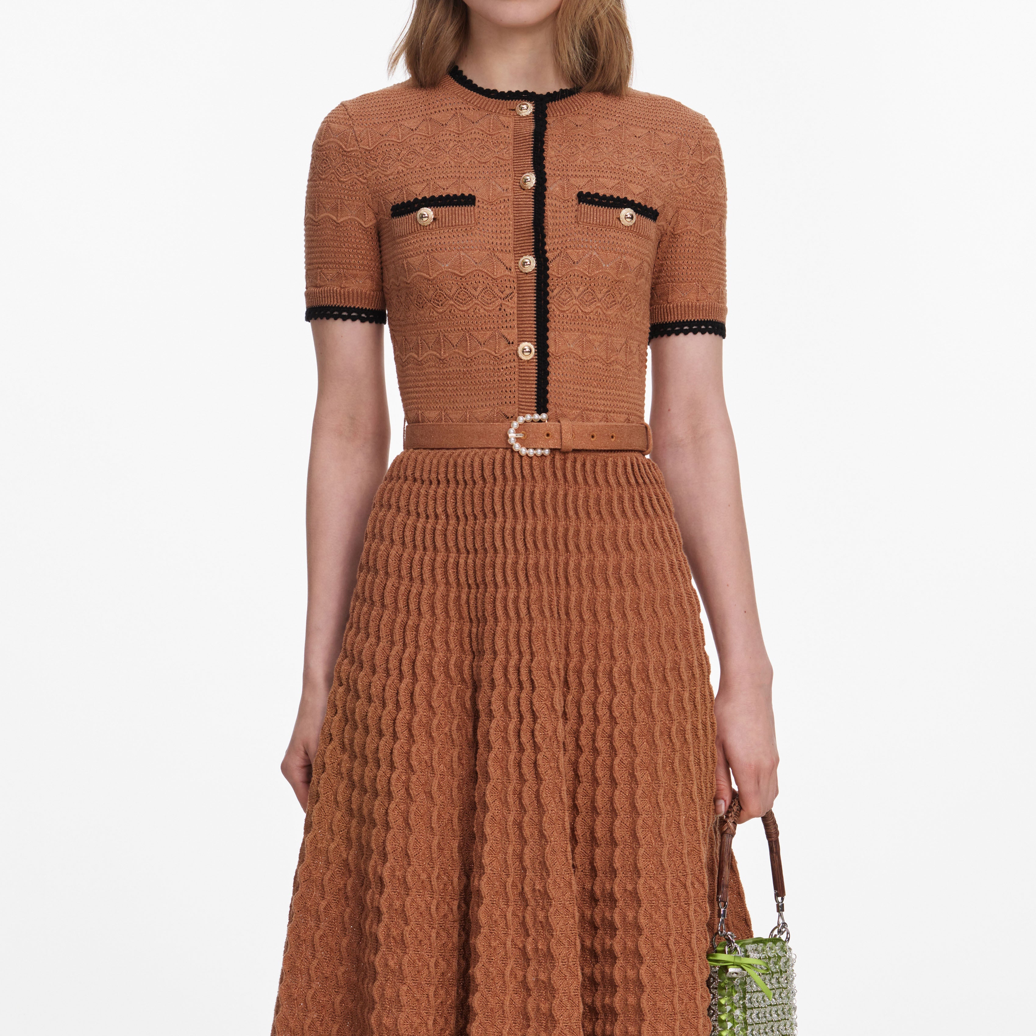 Brown Pointelle Knit Midi Dress