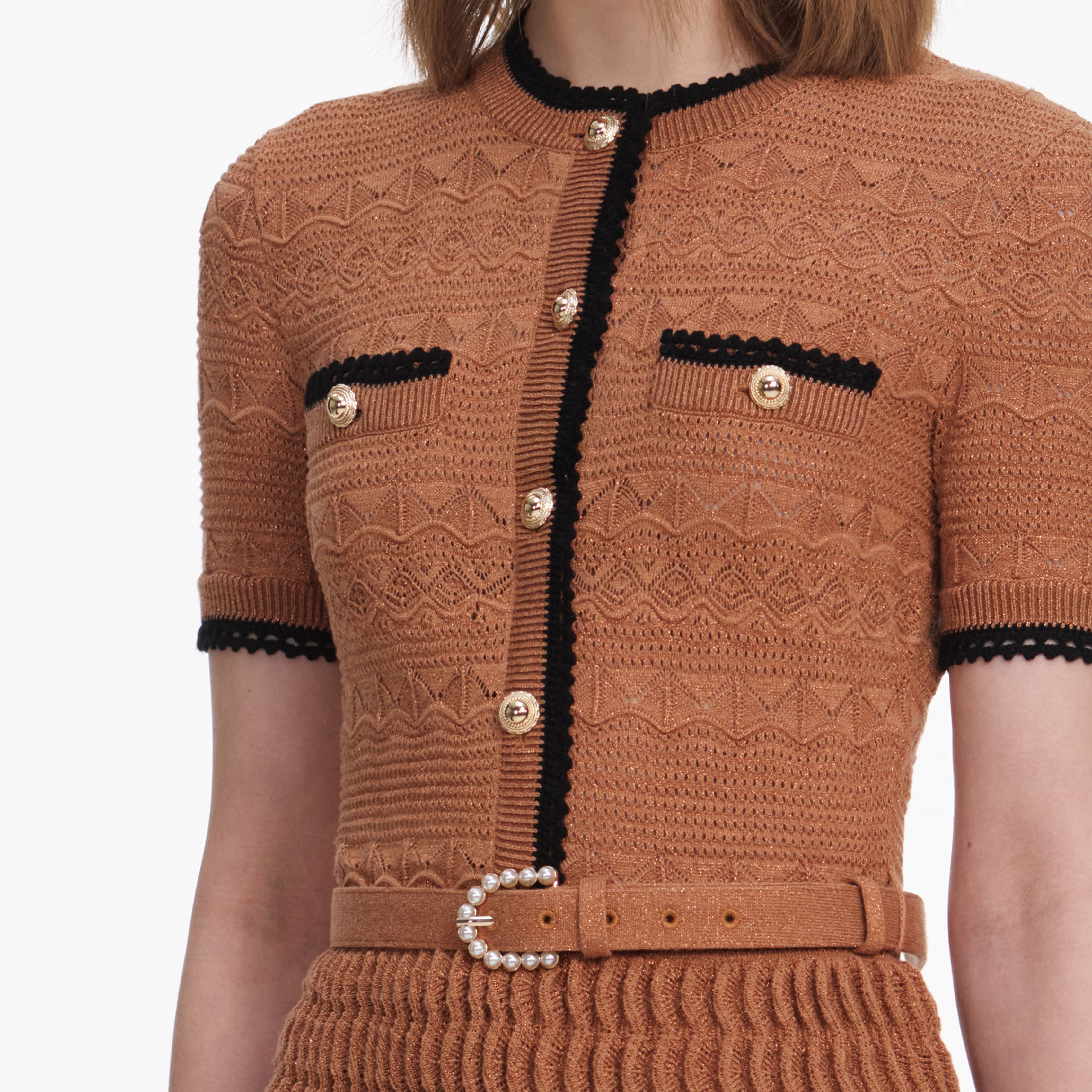 Brown Pointelle Knit Midi Dress